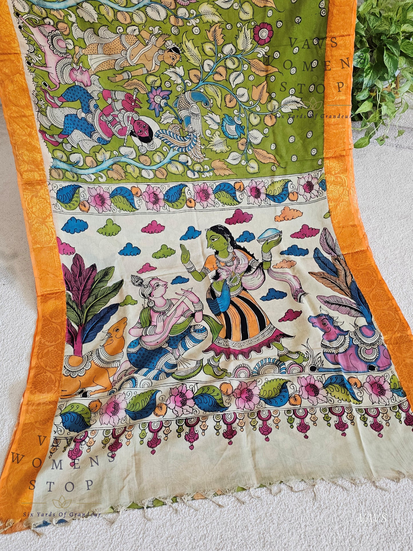 Bangalore Silk Kalamkari Hand-Painted Saree with Zari Border & Stitched Blouse