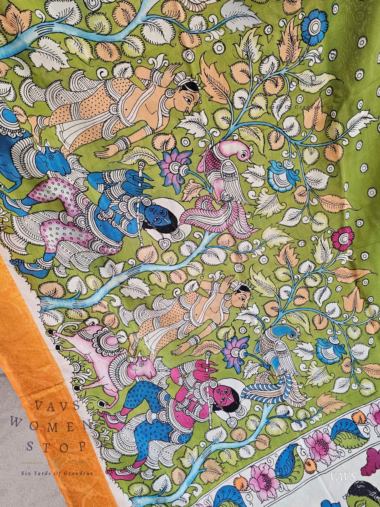 Bangalore Silk Kalamkari Hand-Painted Saree with Zari Border & Stitched Blouse