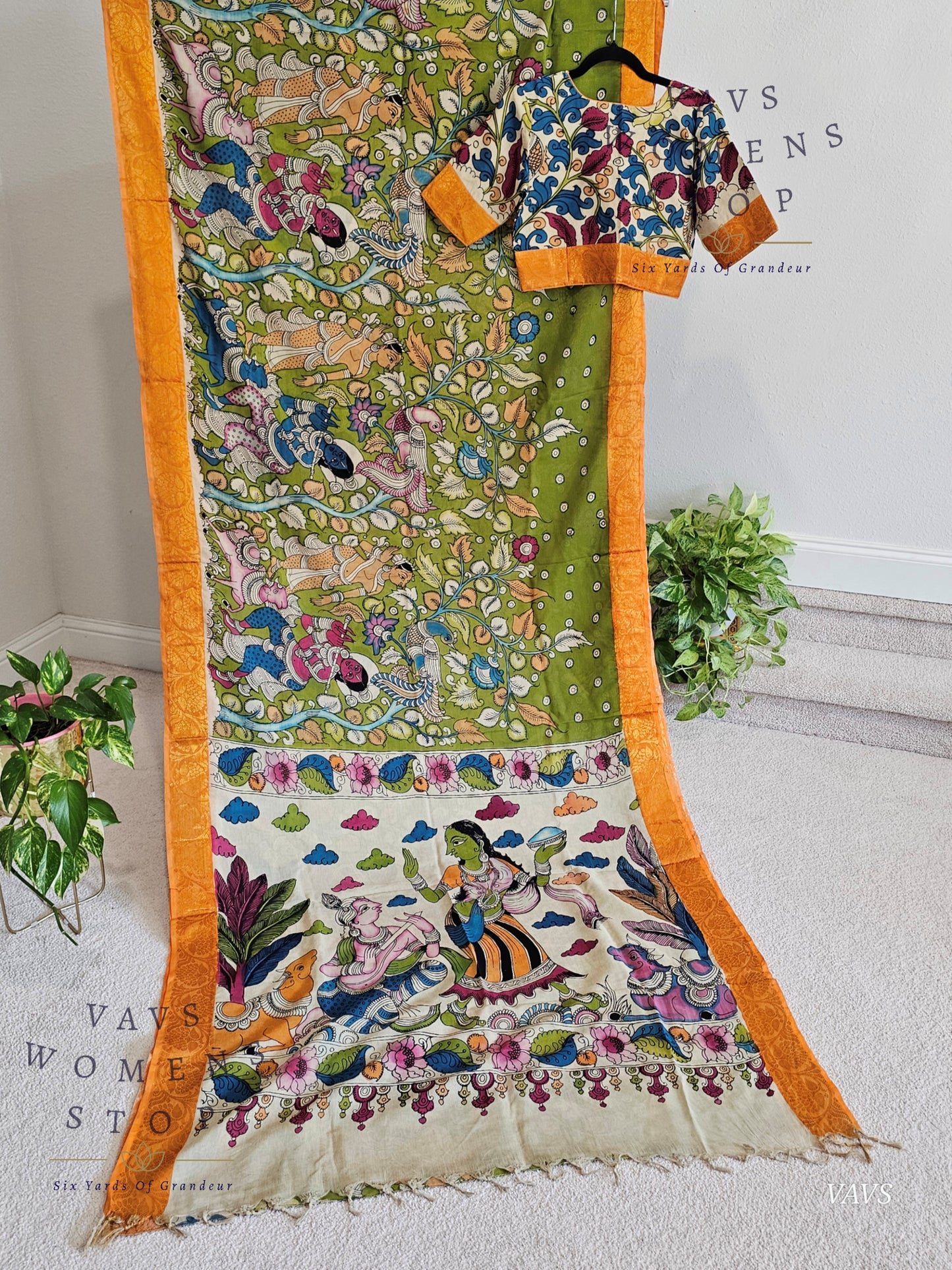 Bangalore Silk Kalamkari Hand-Painted Saree with Zari Border & Stitched Blouse