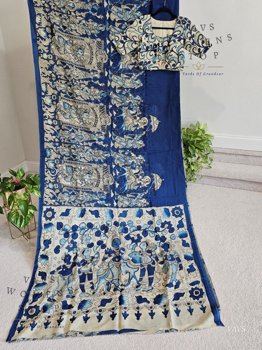Bangalore Silk Kalamkari Hand-Painted Saree & Stitched Blouse