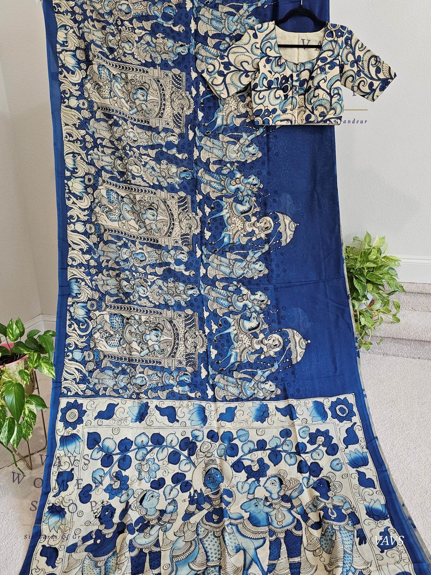 Bangalore Silk Kalamkari Hand-Painted Saree & Stitched Blouse