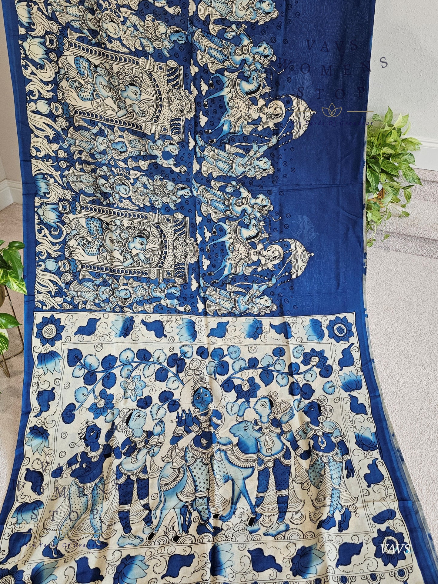 Bangalore Silk Kalamkari Hand-Painted Saree & Stitched Blouse