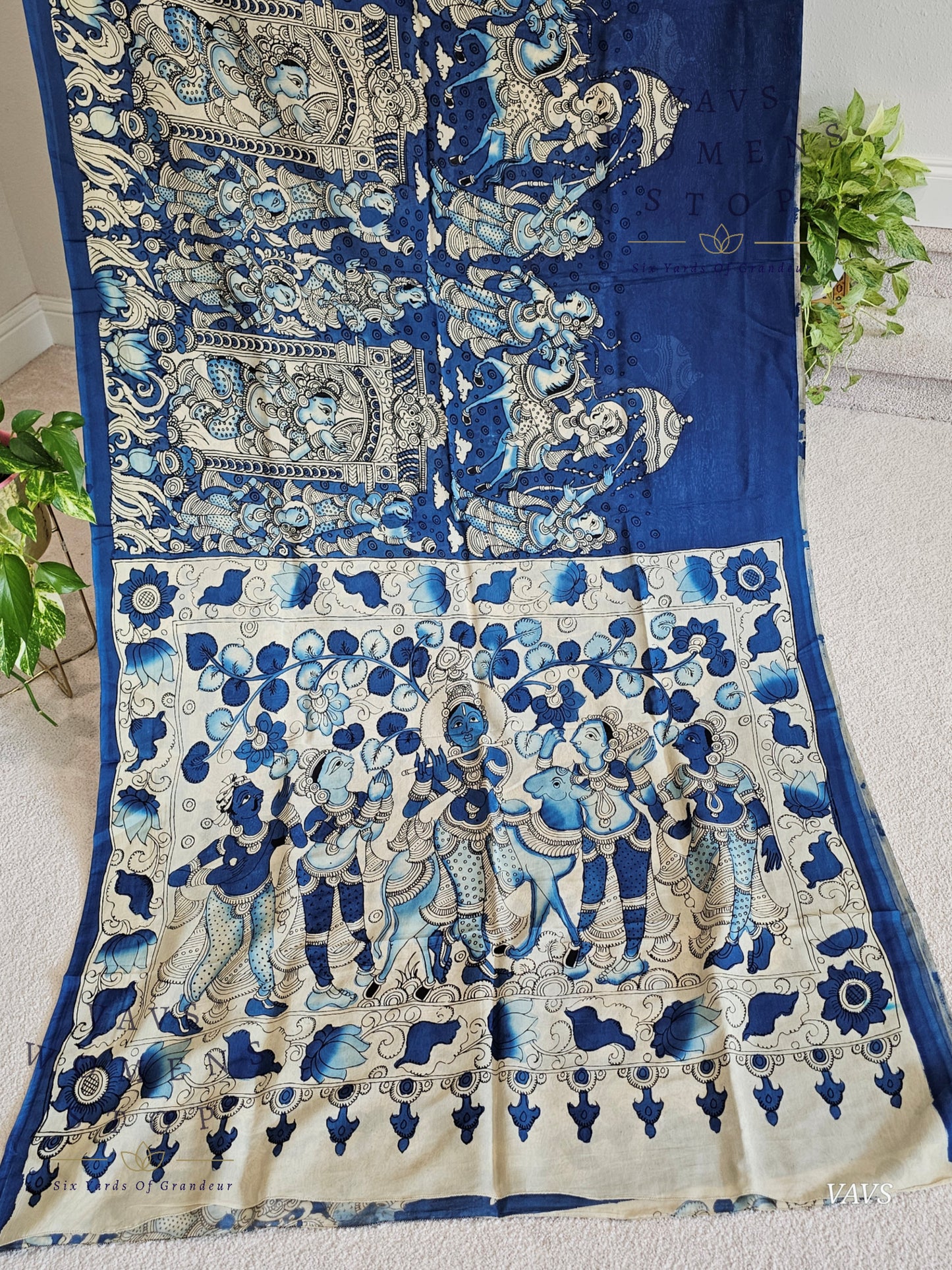 Bangalore Silk Kalamkari Hand-Painted Saree & Stitched Blouse