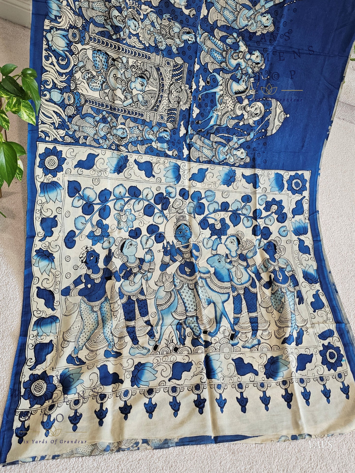 Bangalore Silk Kalamkari Hand-Painted Saree & Stitched Blouse