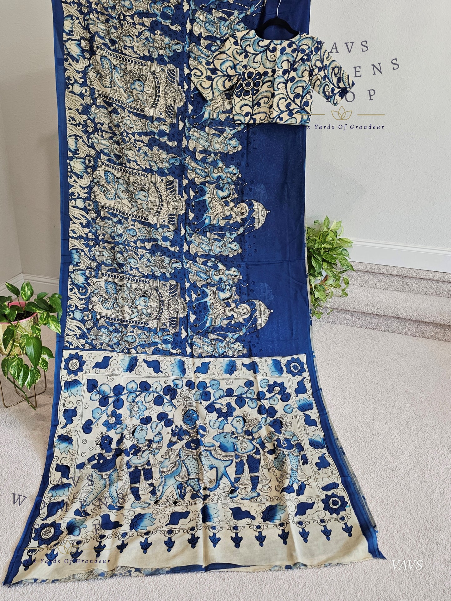 Bangalore Silk Kalamkari Hand-Painted Saree & Stitched Blouse