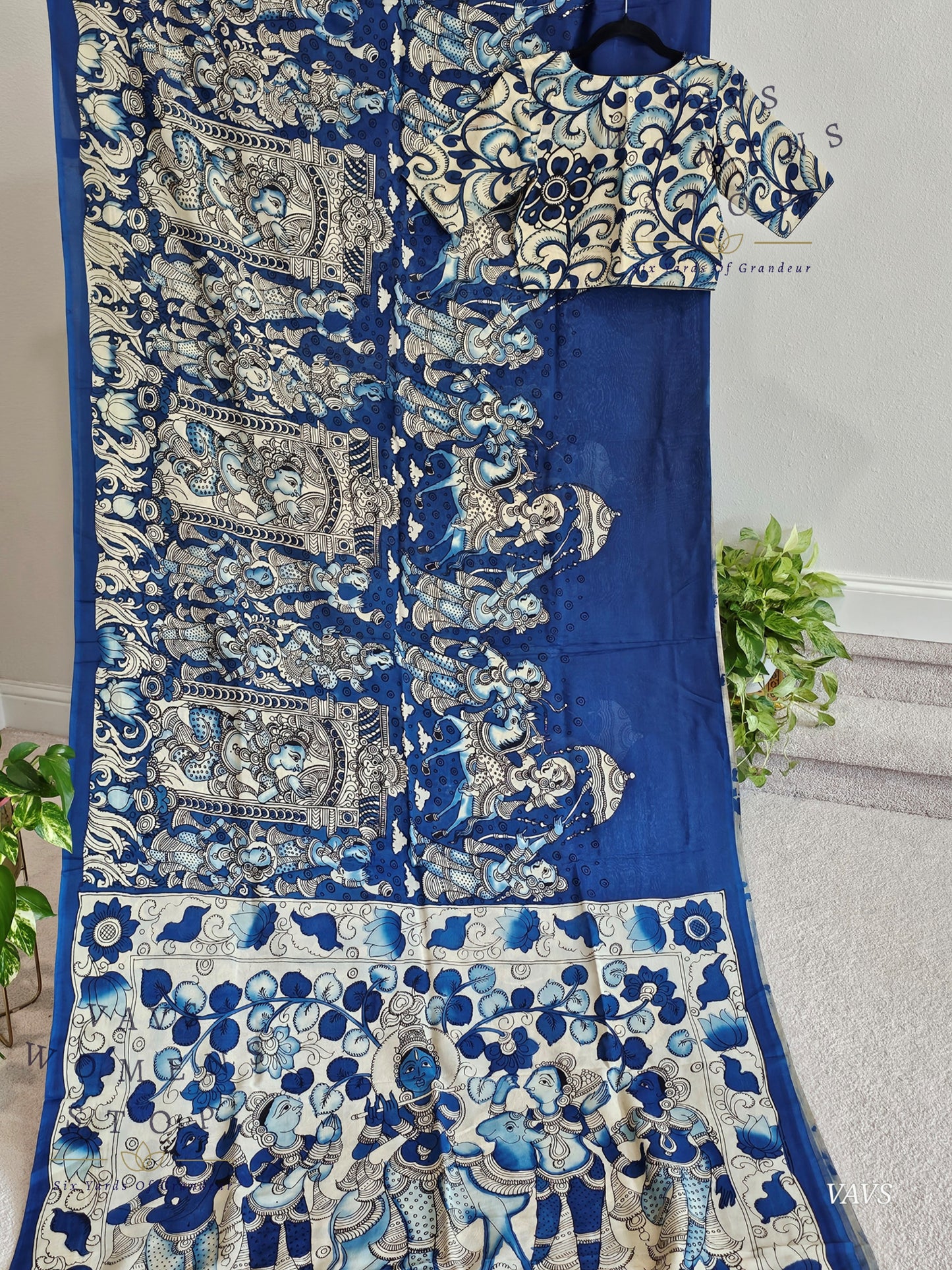 Bangalore Silk Kalamkari Hand-Painted Saree & Stitched Blouse