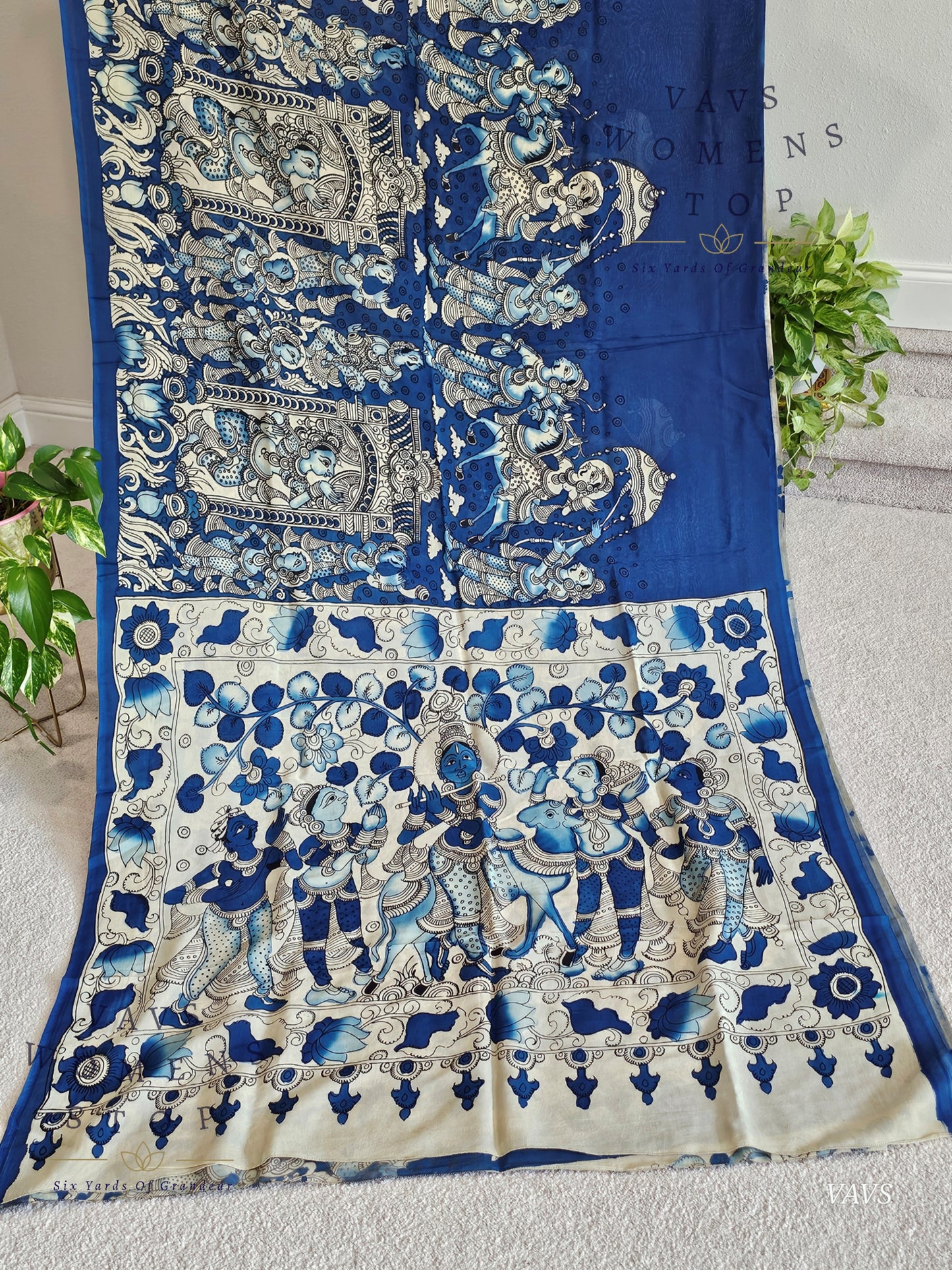Bangalore Silk Kalamkari Hand-Painted Saree & Stitched Blouse