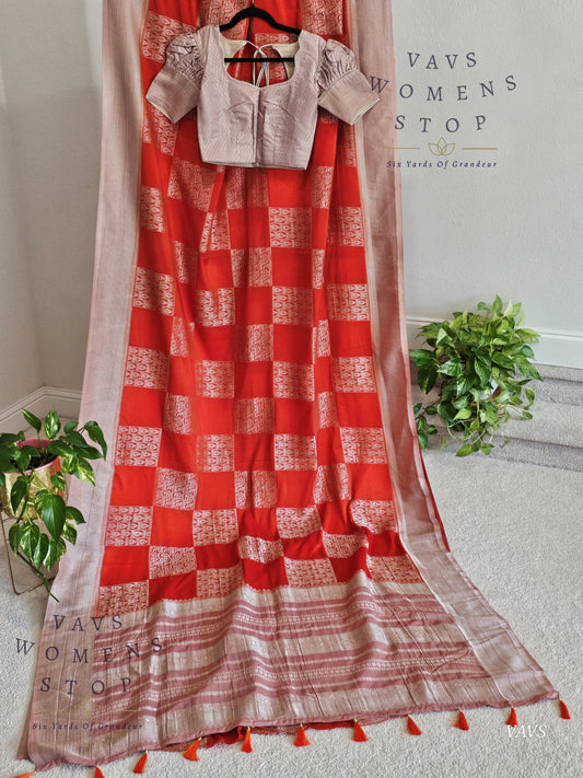 Orange Semi-Crepe Chiffon Saree with Mauve Pink & Beige Border | Stitched Blouse Included