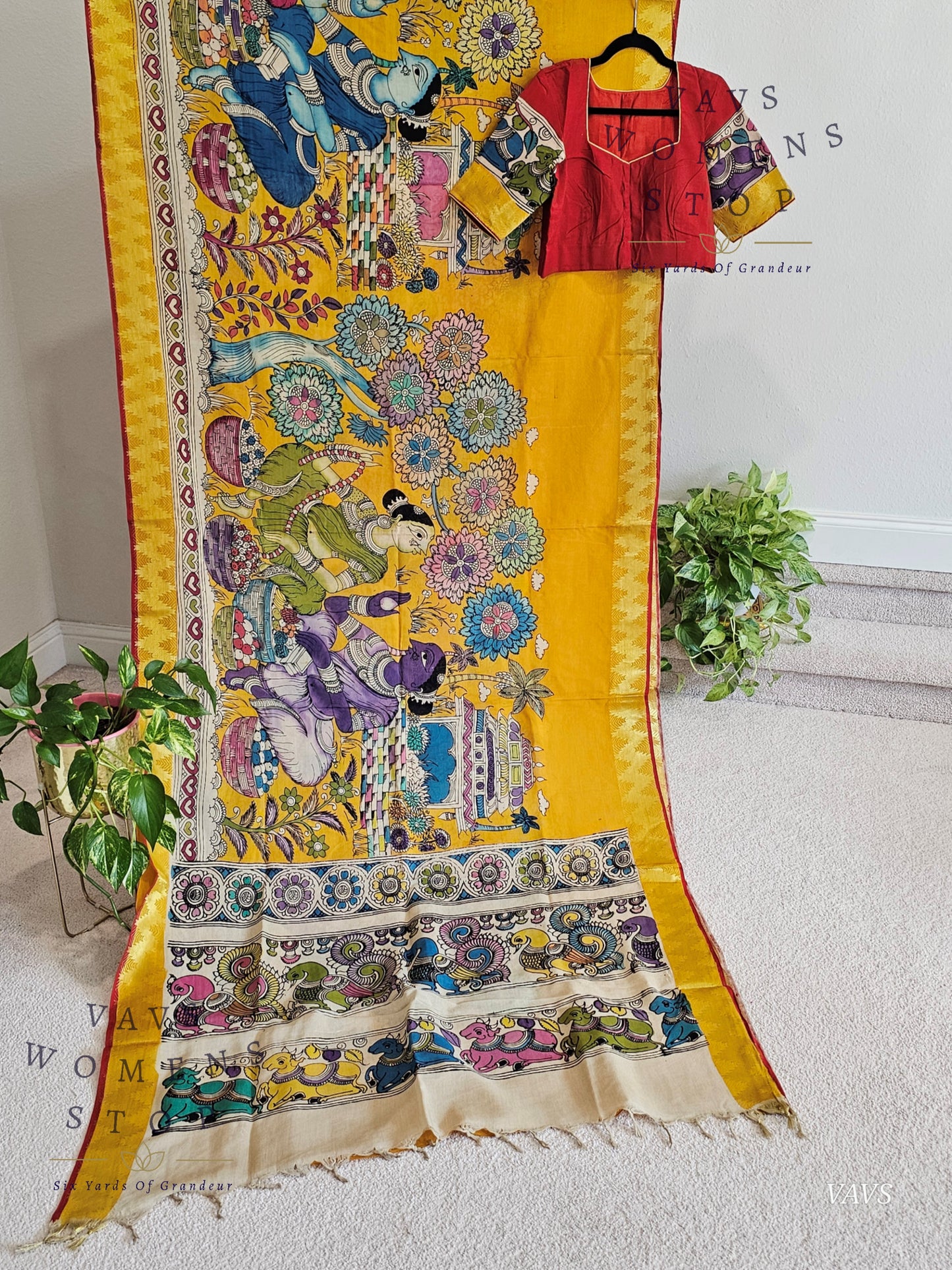 Bangalore Silk Kalamkari Hand-Painted Saree with Zari Border & Stitched Blouse