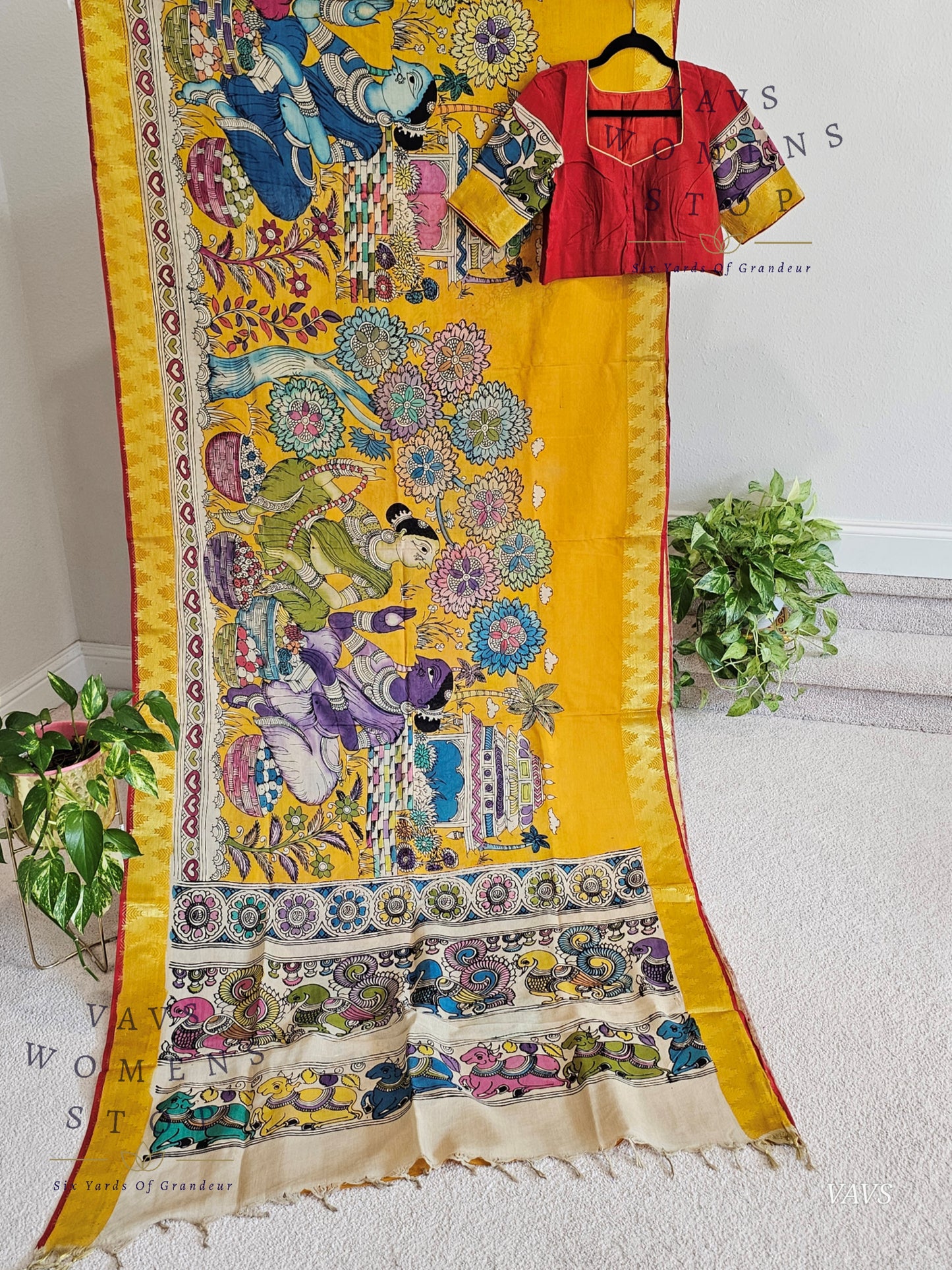 Bangalore Silk Kalamkari Hand-Painted Saree with Zari Border & Stitched Blouse