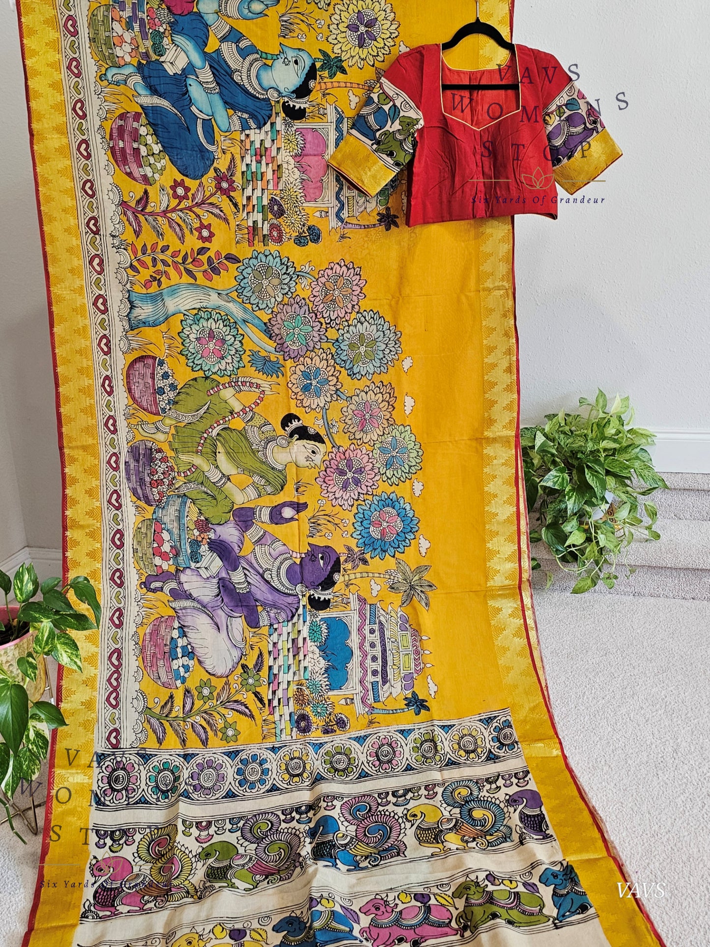 Bangalore Silk Kalamkari Hand-Painted Saree with Zari Border & Stitched Blouse