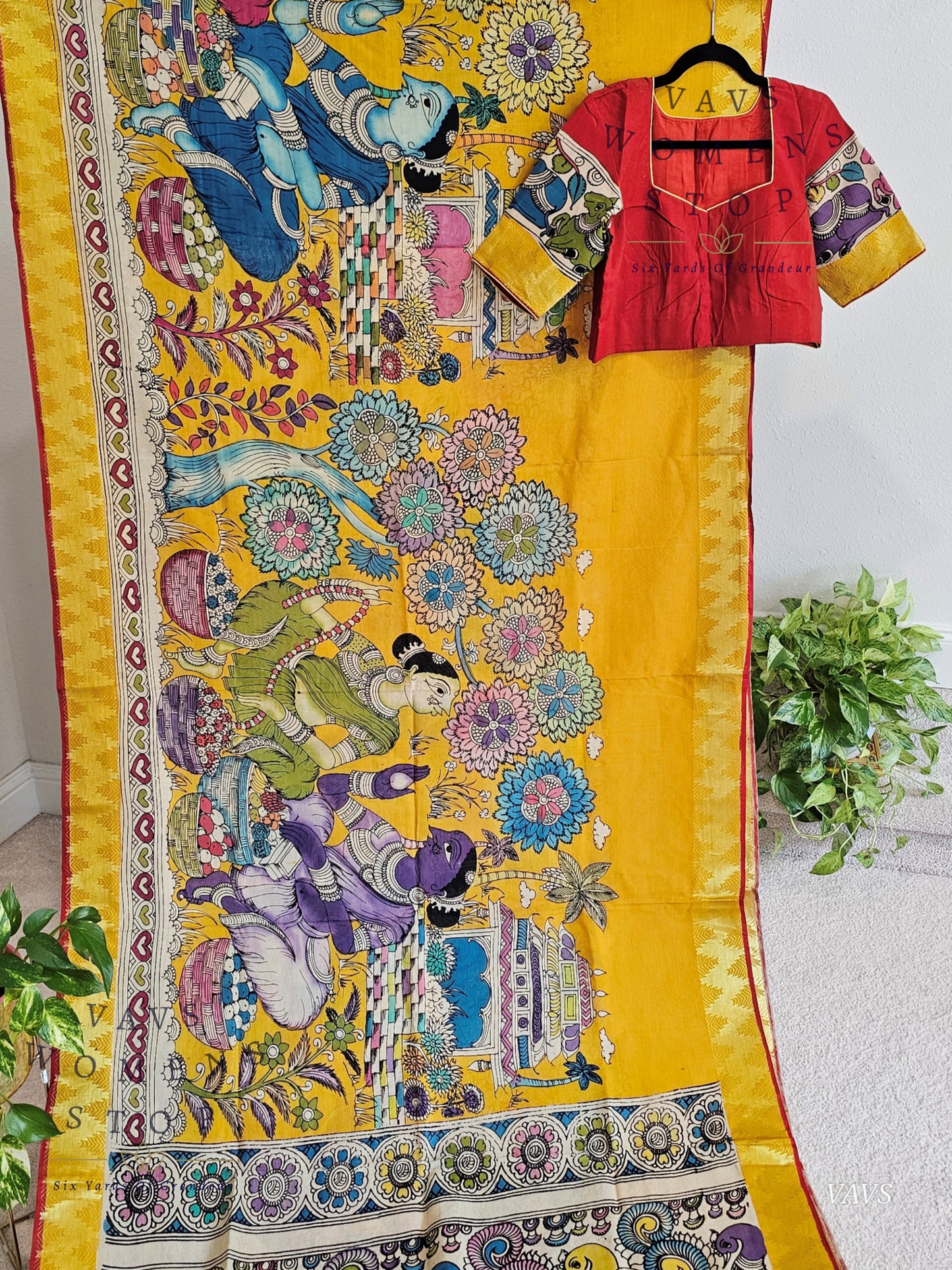 Bangalore Silk Kalamkari Hand-Painted Saree with Zari Border & Stitched Blouse