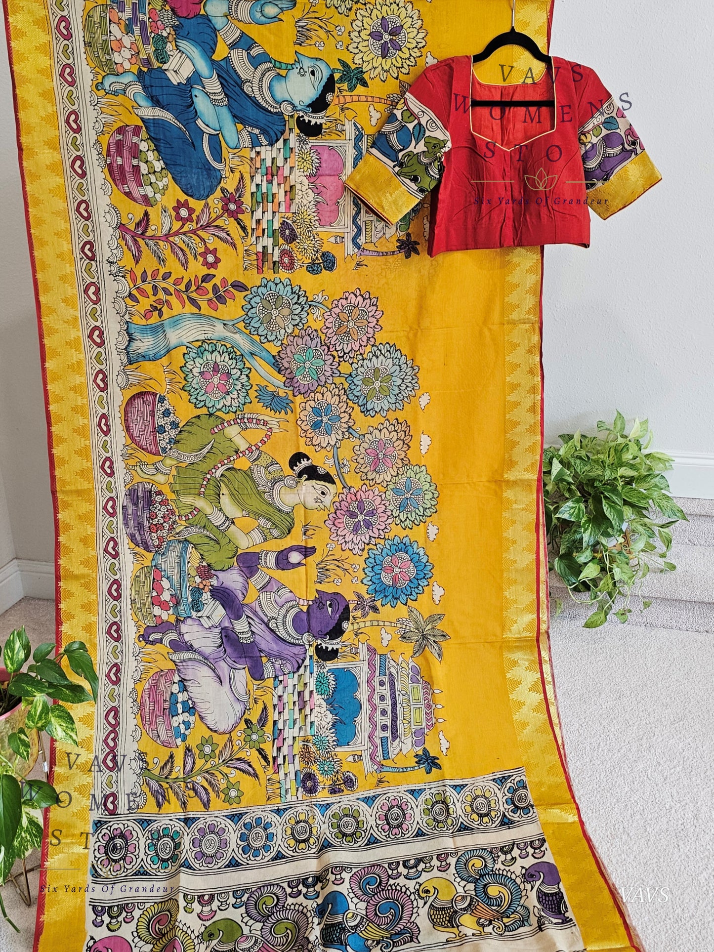 Bangalore Silk Kalamkari Hand-Painted Saree with Zari Border & Stitched Blouse