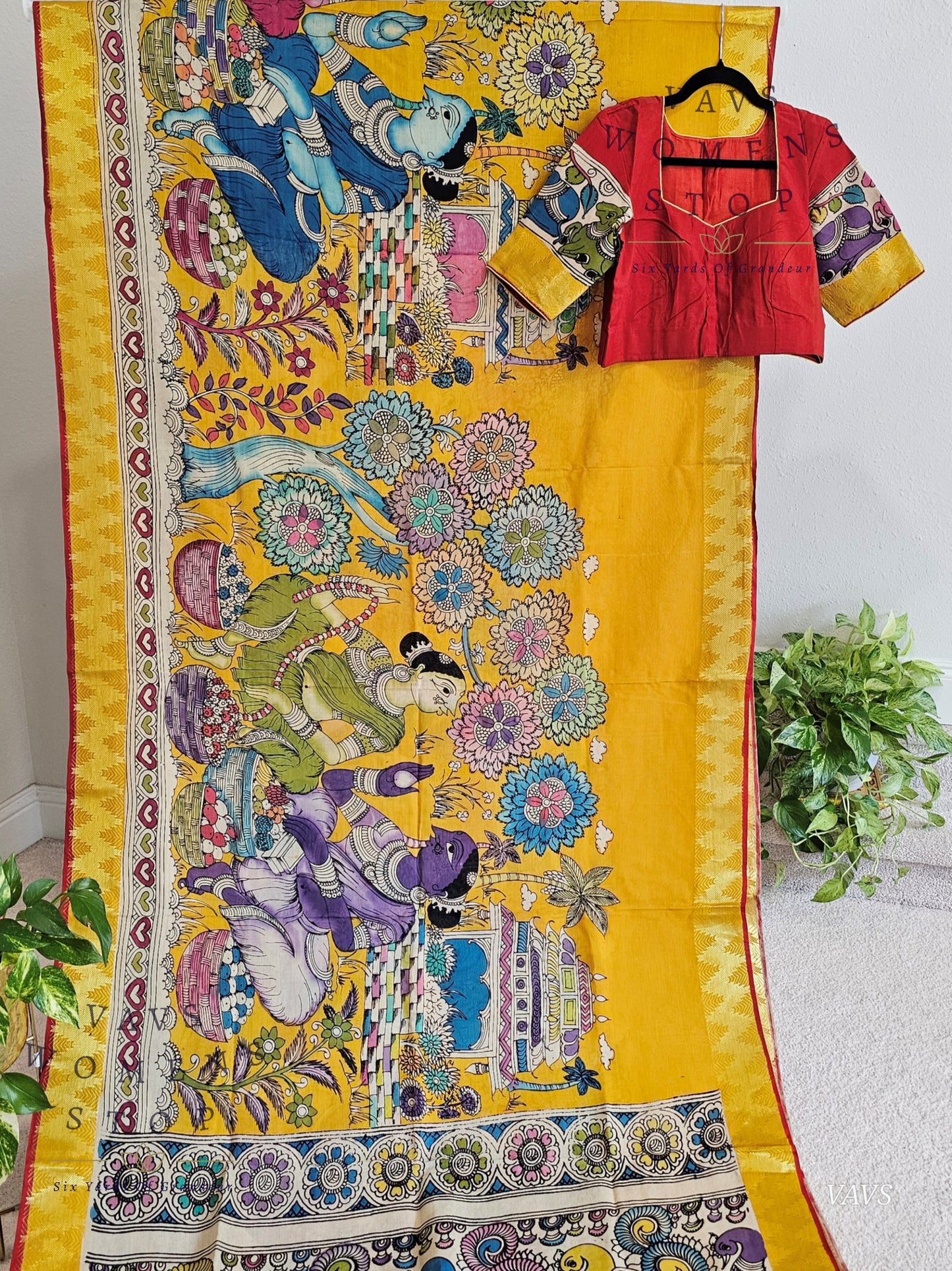 Bangalore Silk Kalamkari Hand-Painted Saree with Zari Border & Stitched Blouse