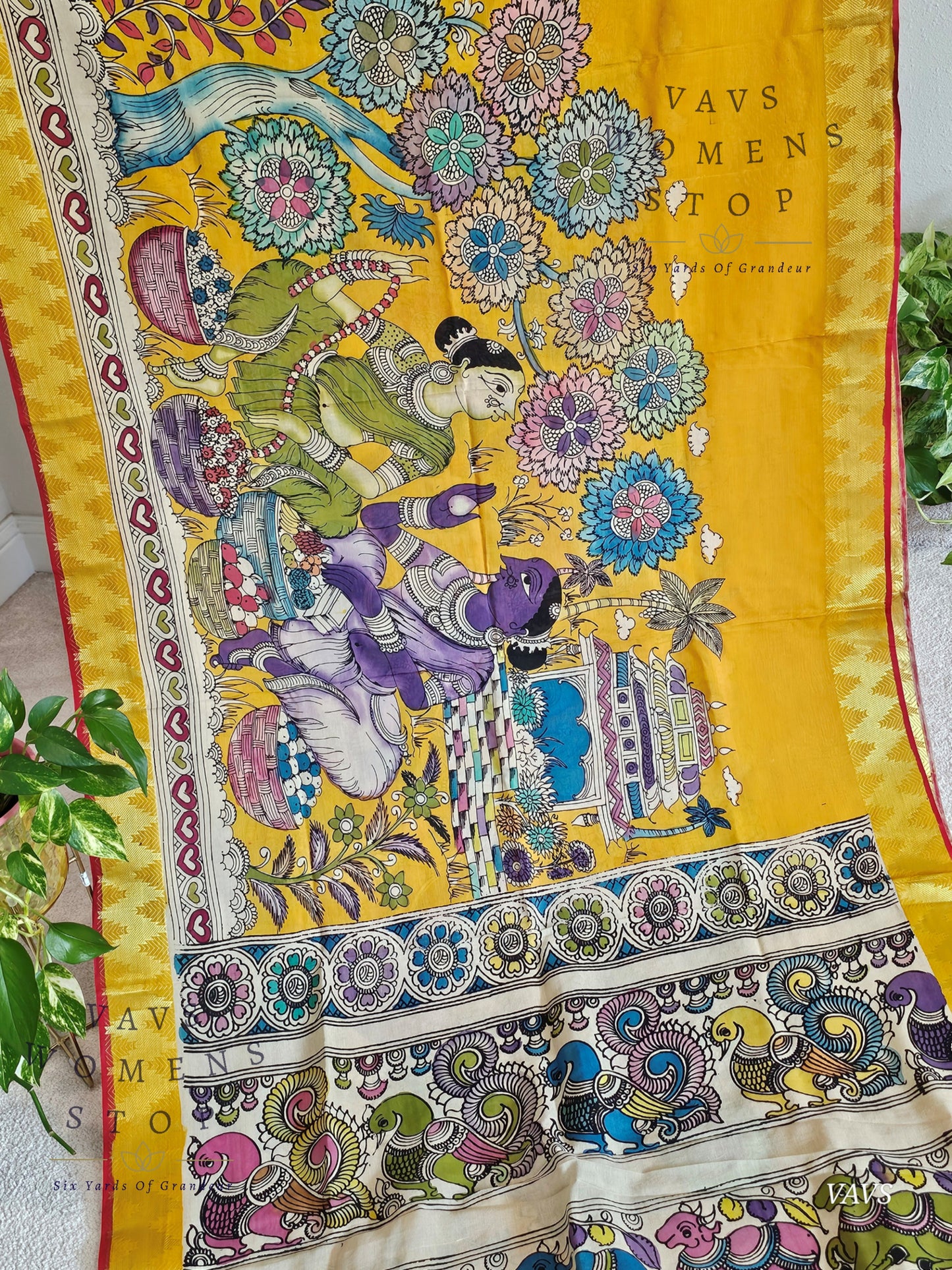 Bangalore Silk Kalamkari Hand-Painted Saree with Zari Border & Stitched Blouse