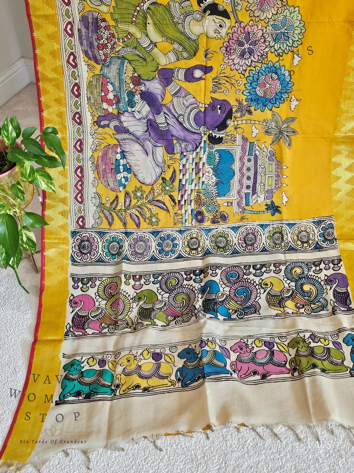 Bangalore Silk Kalamkari Hand-Painted Saree with Zari Border & Stitched Blouse