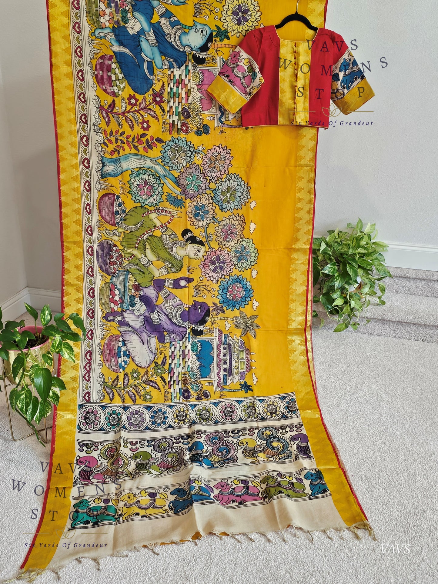 Bangalore Silk Kalamkari Hand-Painted Saree with Zari Border & Stitched Blouse