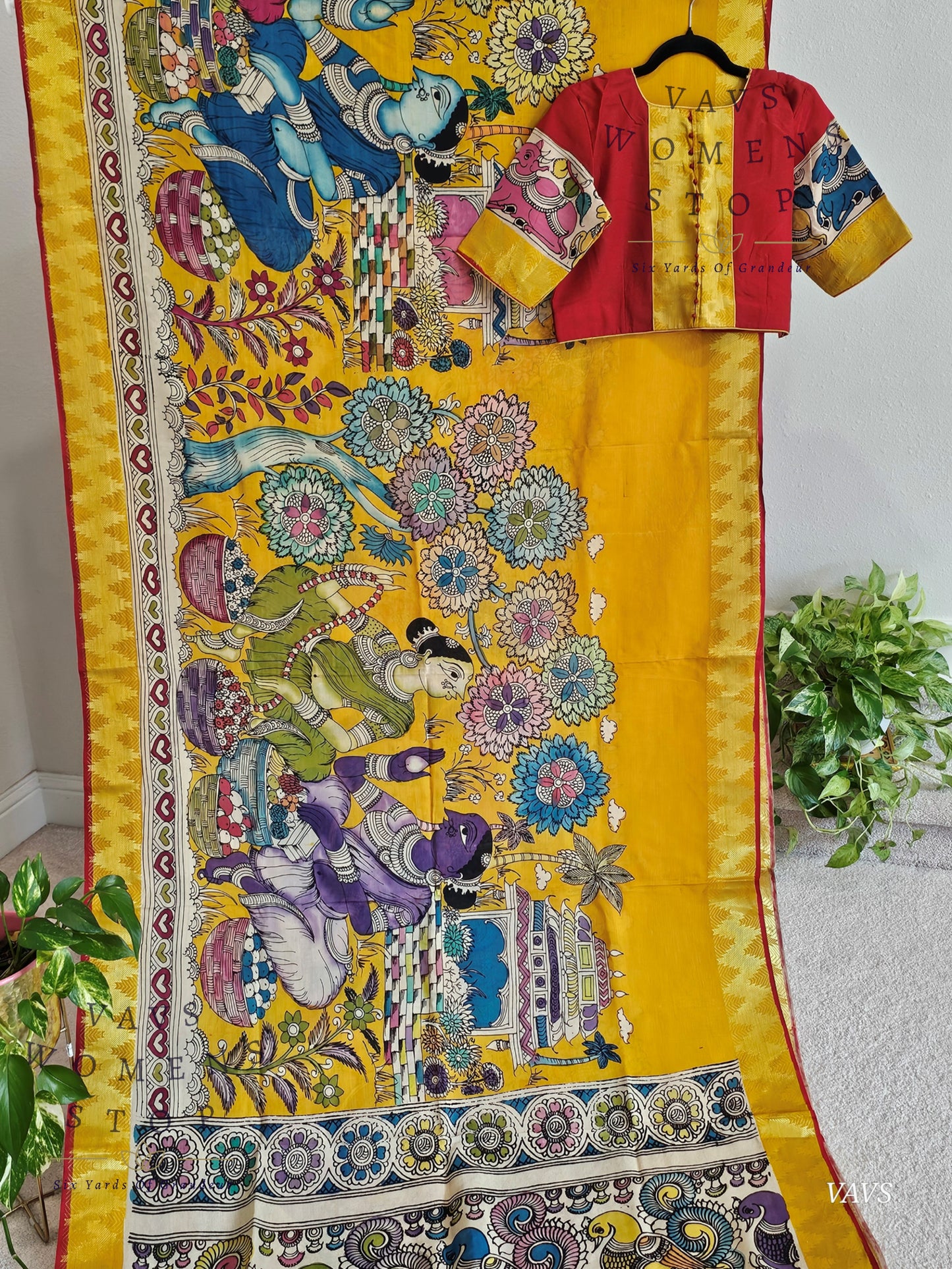 Bangalore Silk Kalamkari Hand-Painted Saree with Zari Border & Stitched Blouse