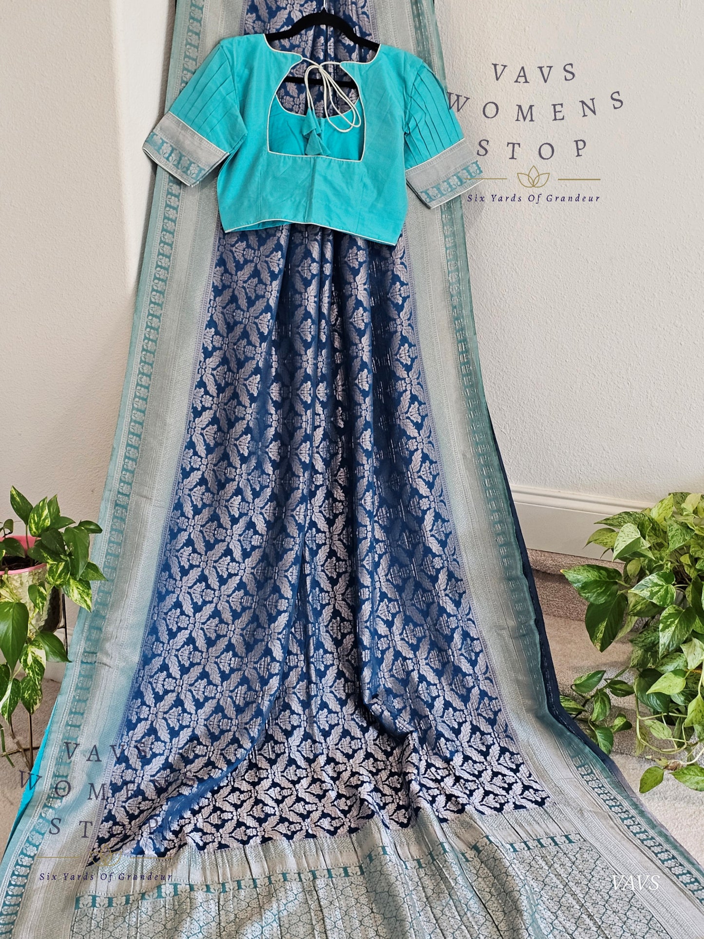 Teal Blue Viscose Georgette Saree with Stitched Blouse