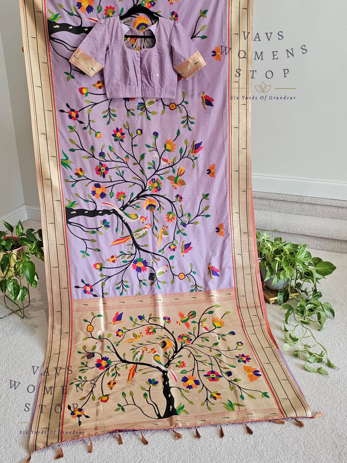 Semi Banarasi Paithani Saree with All-Over Birds Weaving | Stitched Blouse Included