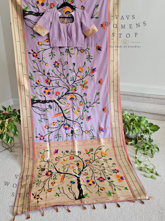 Semi Banarasi Paithani Saree with All-Over Birds Weaving | Stitched Blouse Included
