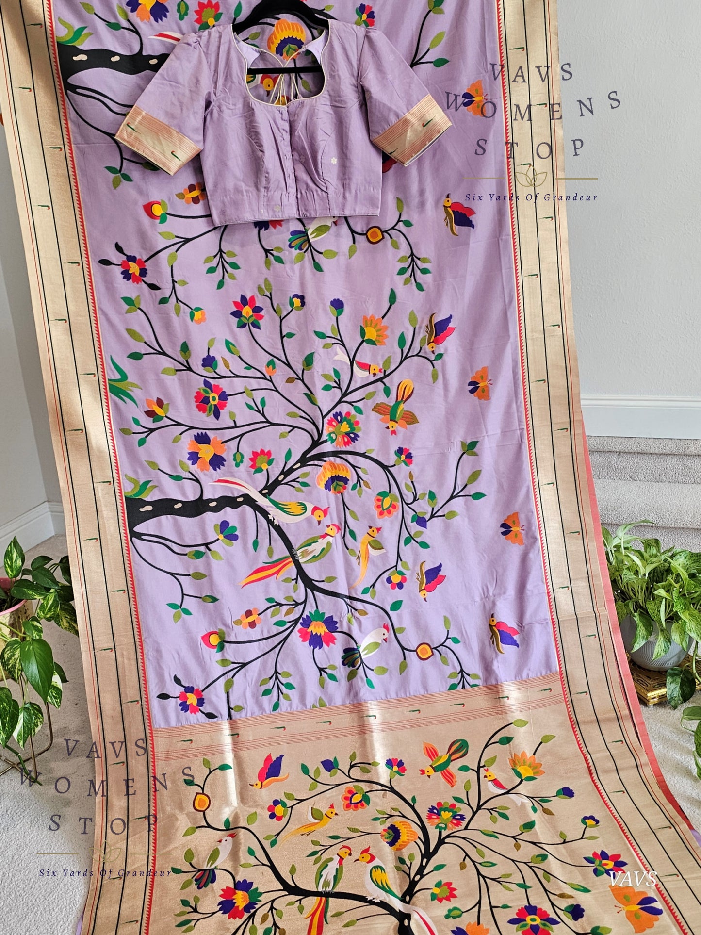 Semi Banarasi Paithani Saree with All-Over Birds Weaving | Stitched Blouse Included