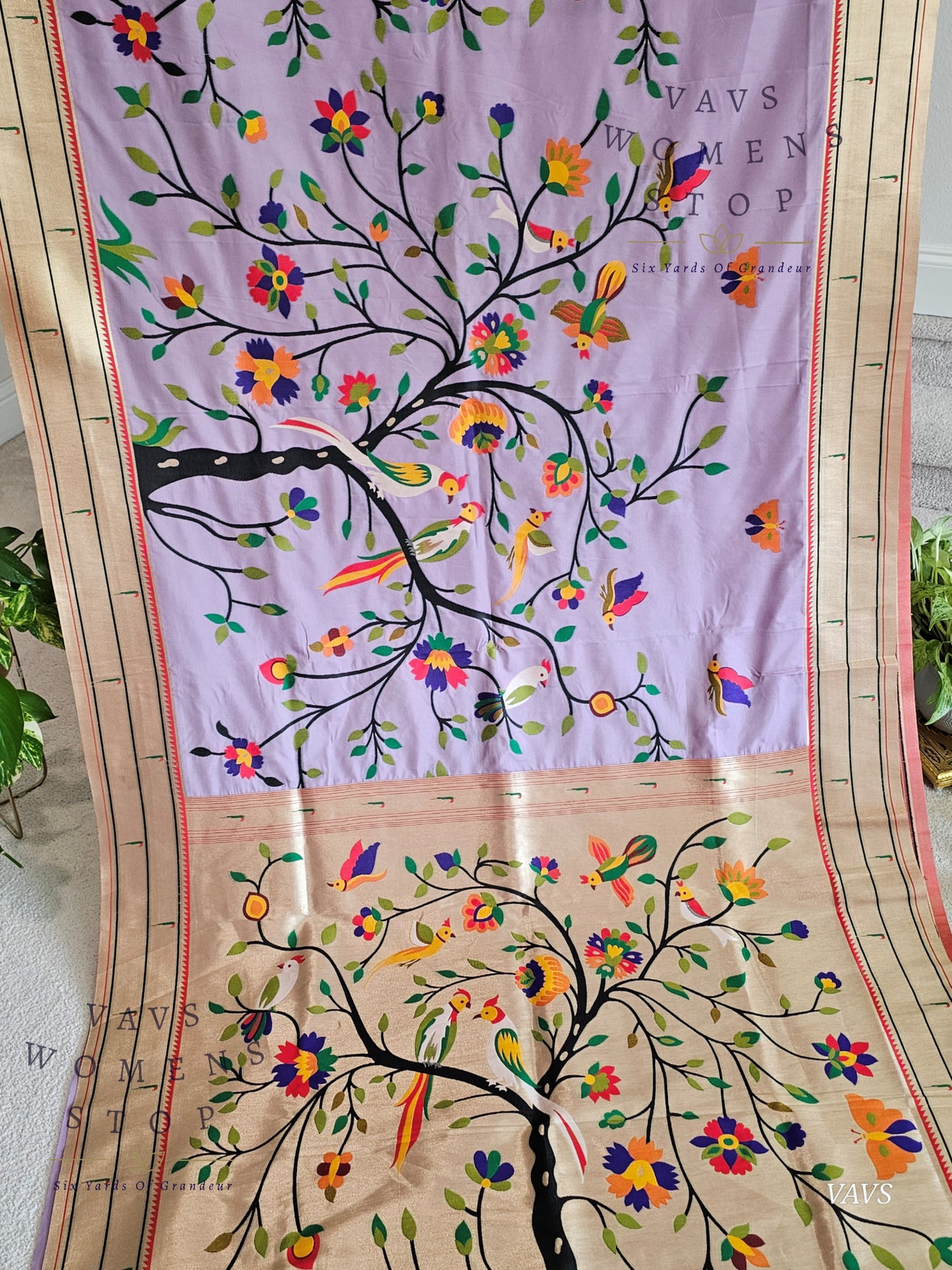 Semi Banarasi Paithani Saree with All-Over Birds Weaving | Stitched Blouse Included