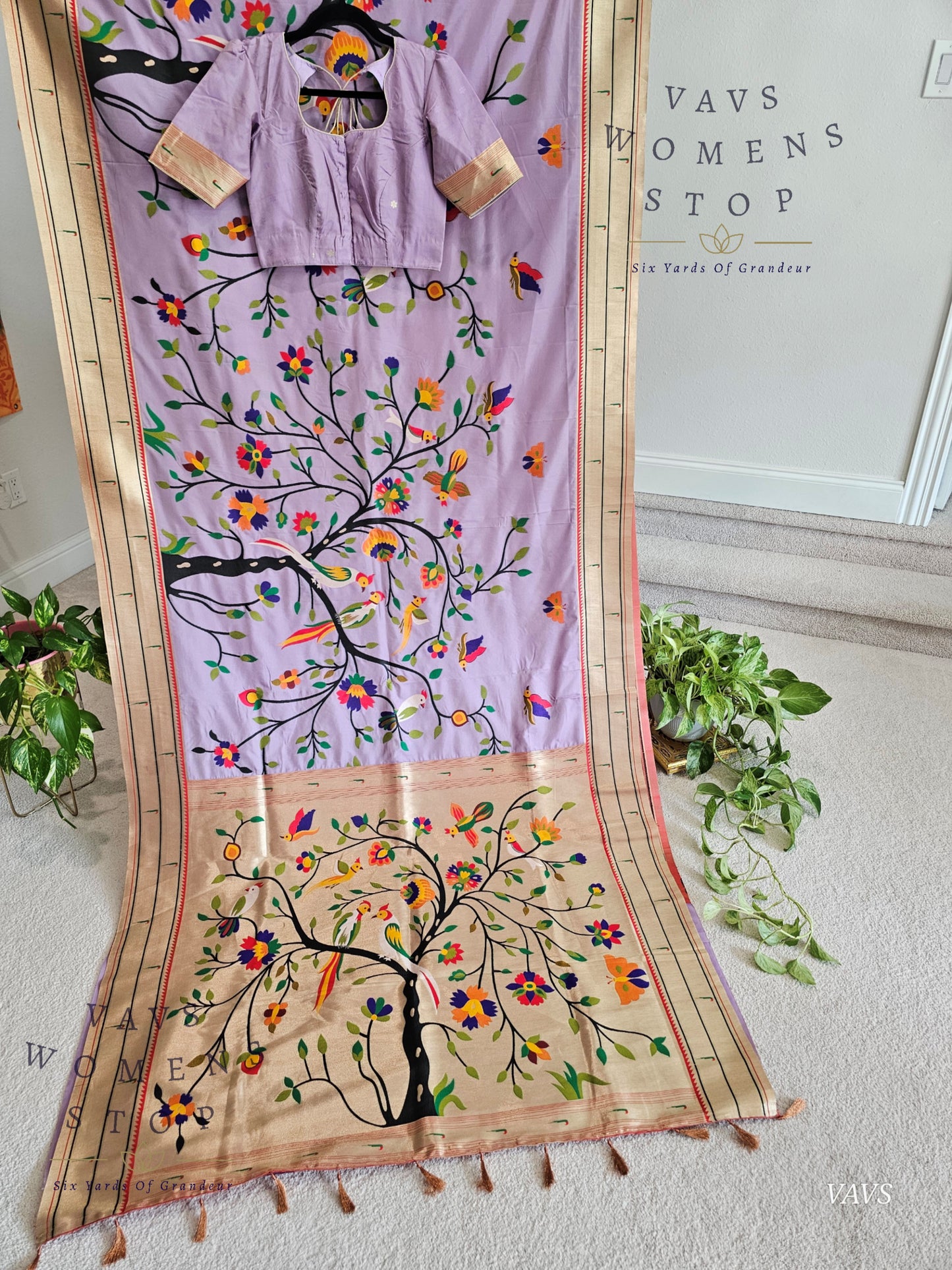 Semi Banarasi Paithani Saree with All-Over Birds Weaving | Stitched Blouse Included