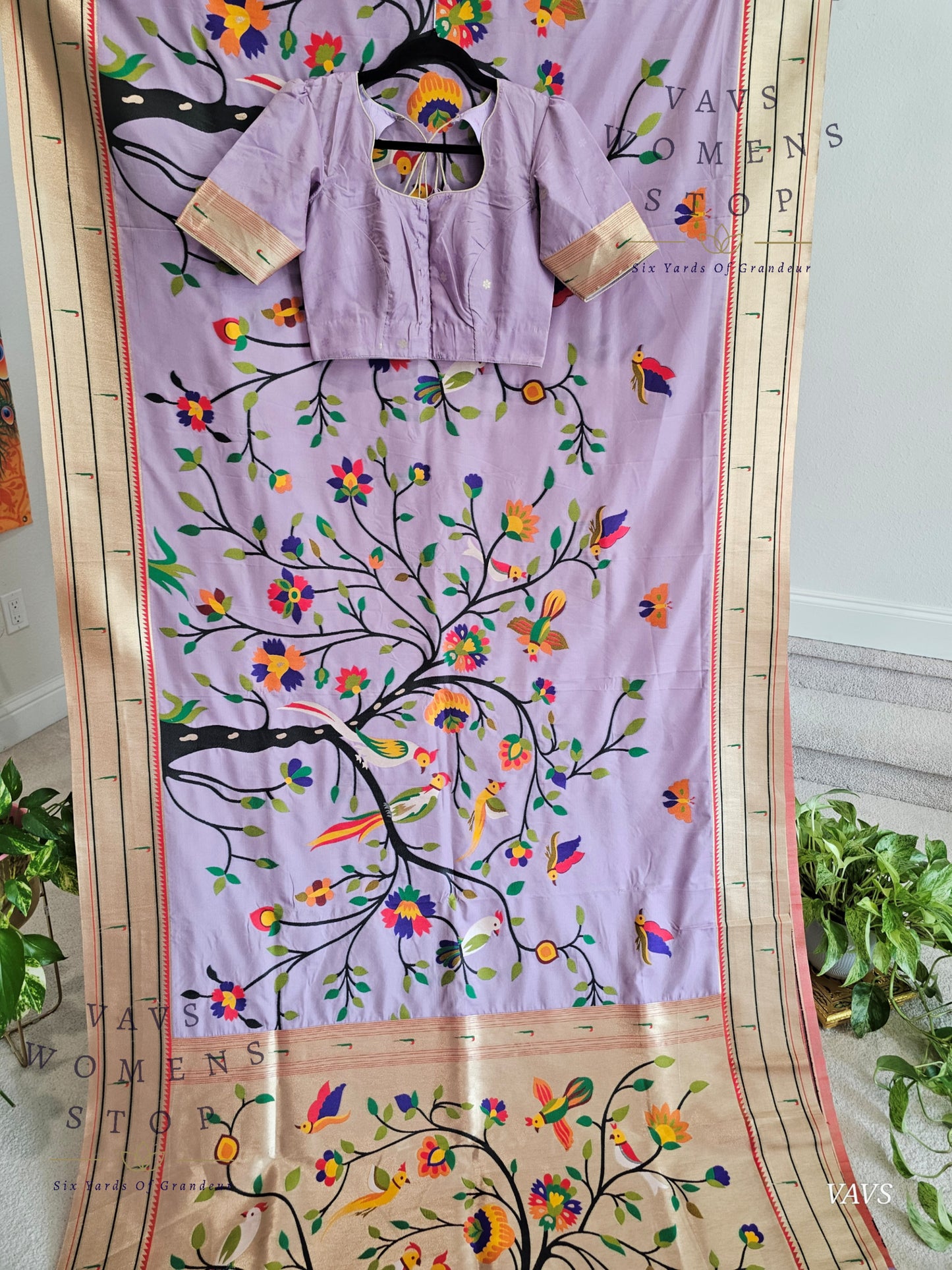 Semi Banarasi Paithani Saree with All-Over Birds Weaving | Stitched Blouse Included