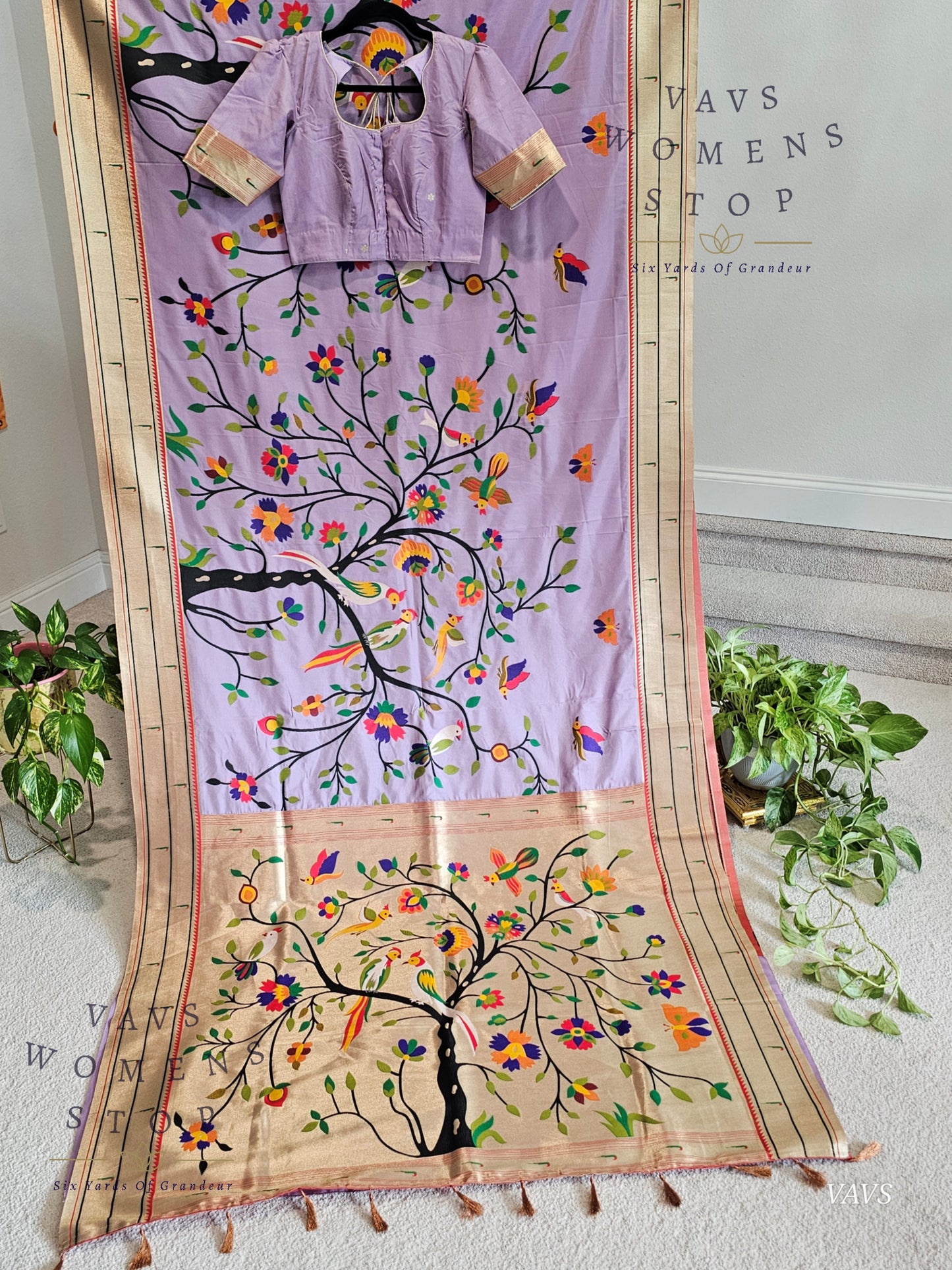 Semi Banarasi Paithani Saree with All-Over Birds Weaving | Stitched Blouse Included