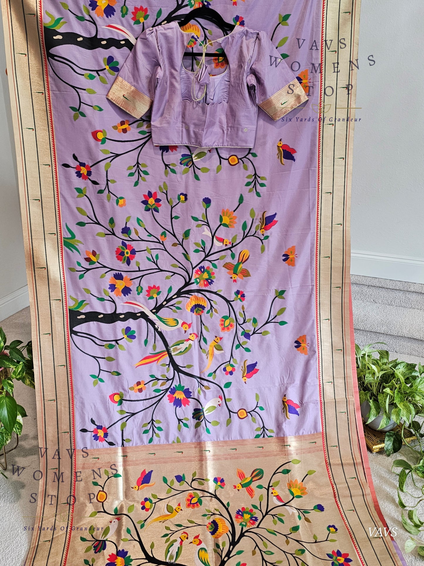 Semi Banarasi Paithani Saree with All-Over Birds Weaving | Stitched Blouse Included