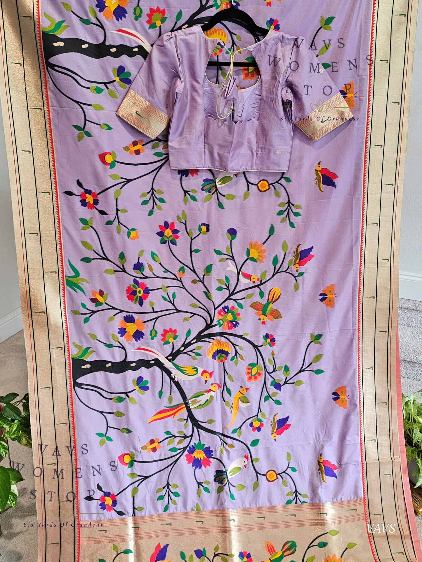 Semi Banarasi Paithani Saree with All-Over Birds Weaving | Stitched Blouse Included