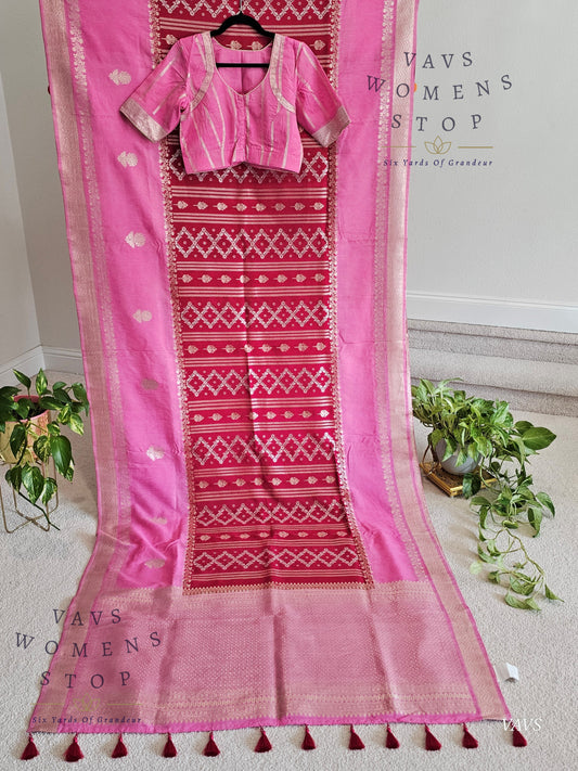Contrast Color Combination Trending Design Linen Benarasi Silk Saree with Stitched Blouse
