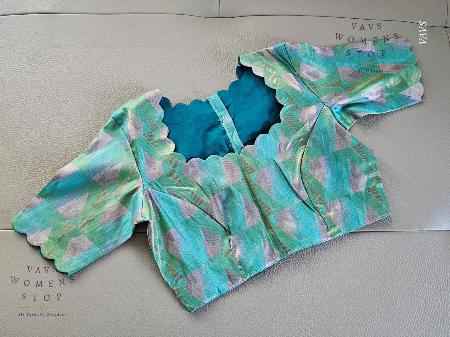 Sea Green & Blue Shade Geometric Design Benarasi Silk Blouse