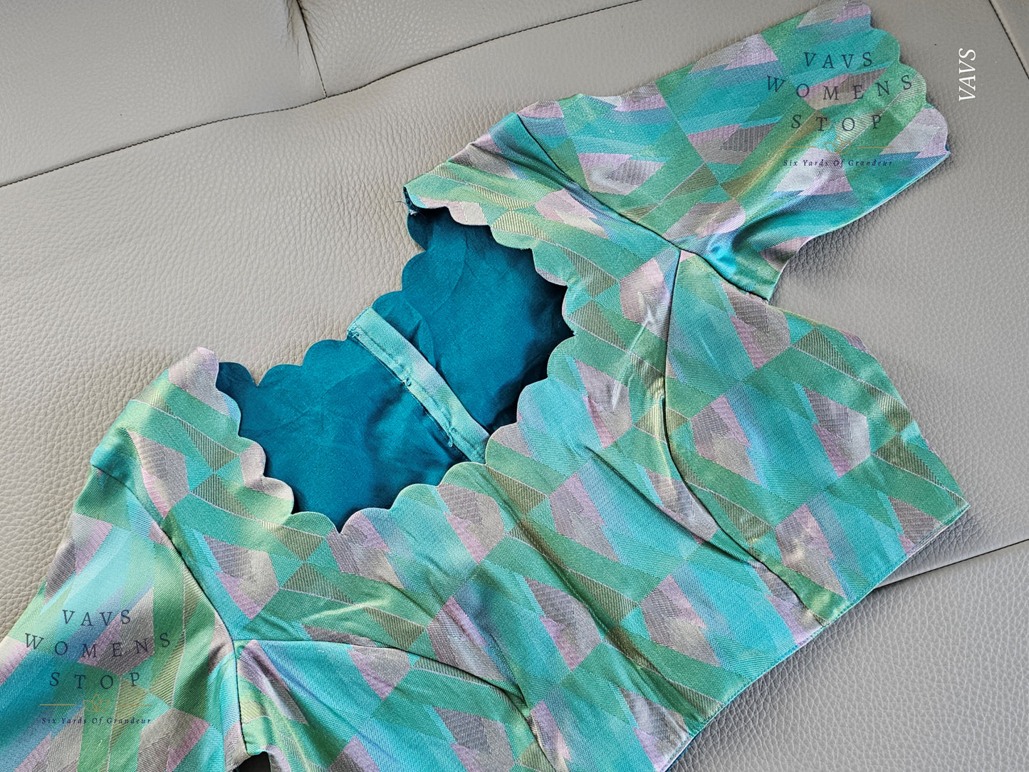 Sea Green & Blue Shade Geometric Design Benarasi Silk Blouse