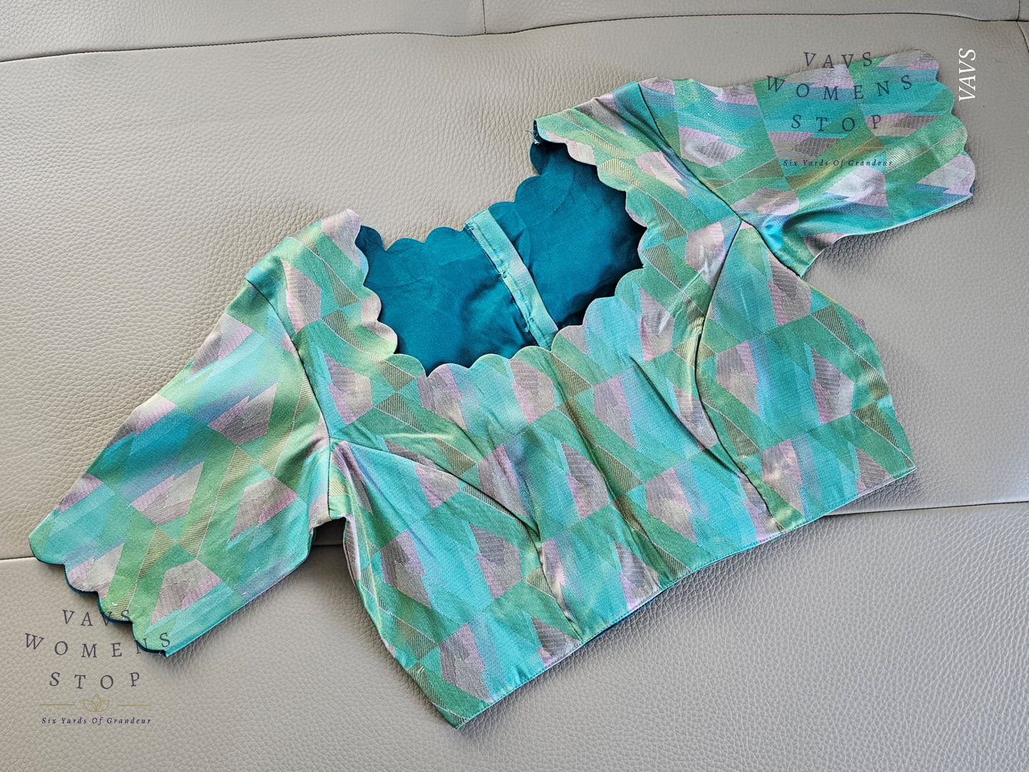 Sea Green & Blue Shade Geometric Design Benarasi Silk Blouse
