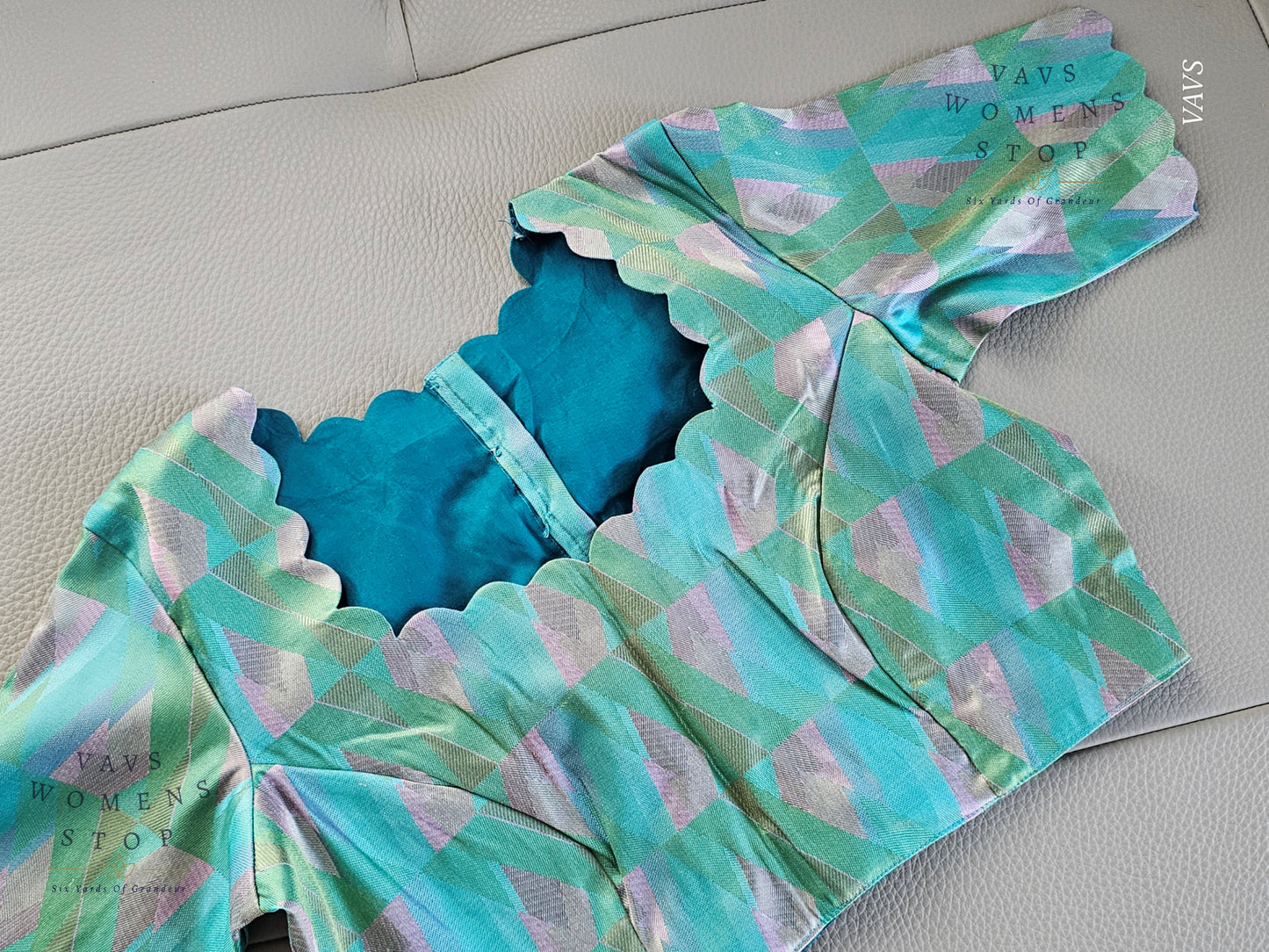 Sea Green & Blue Shade Geometric Design Benarasi Silk Blouse