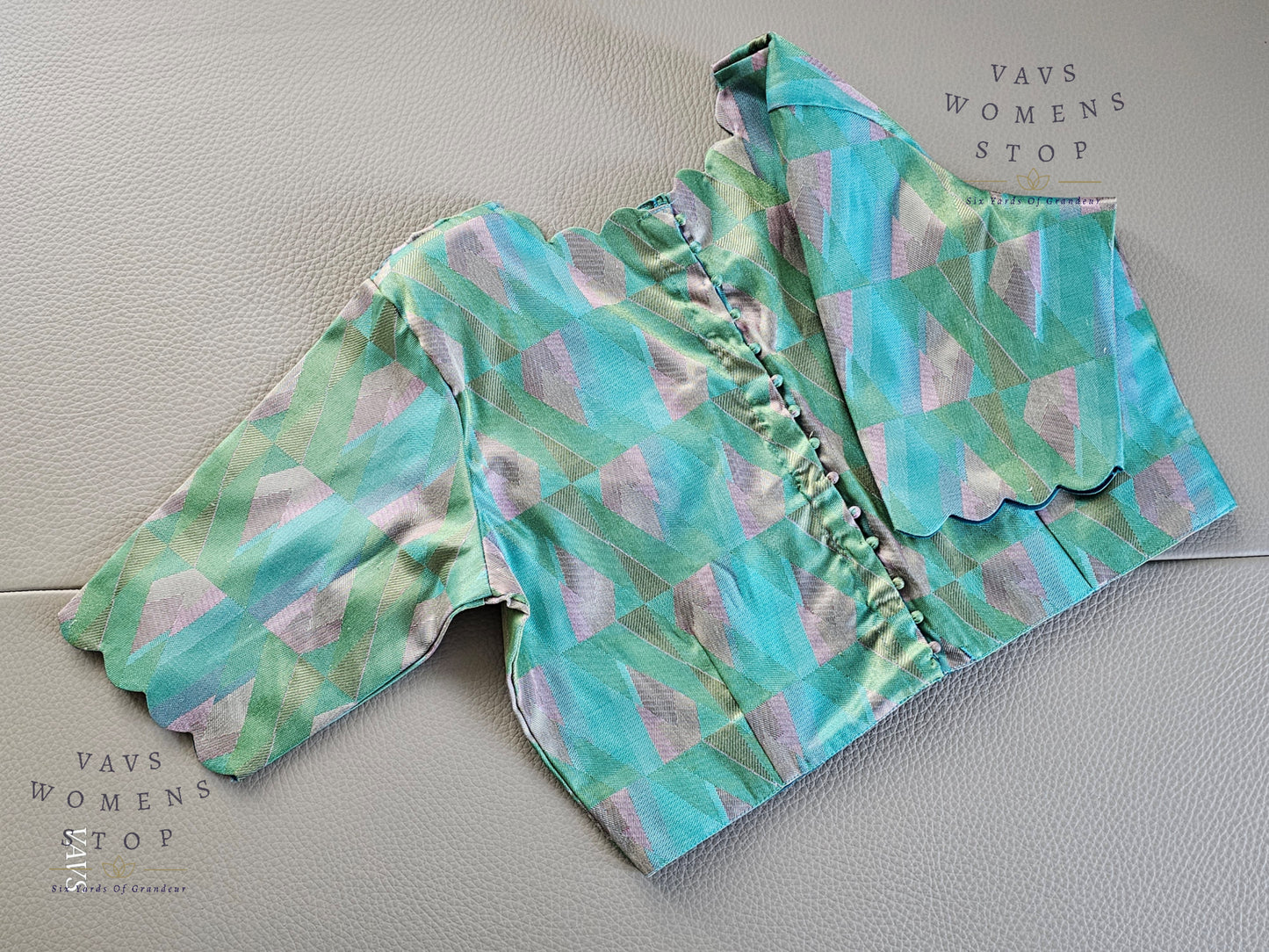 Sea Green & Blue Shade Geometric Design Benarasi Silk Blouse