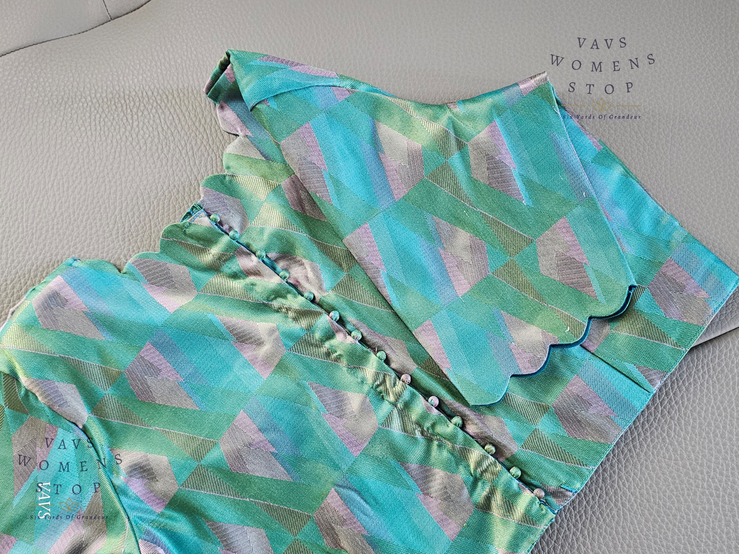 Sea Green & Blue Shade Geometric Design Benarasi Silk Blouse