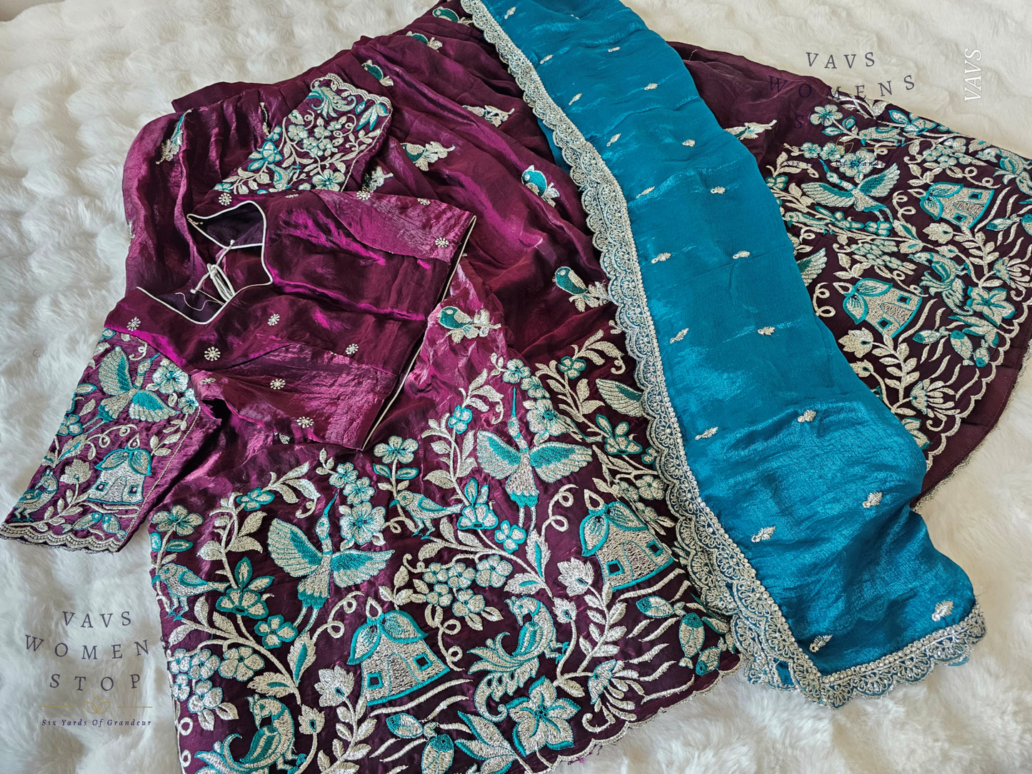 Designer Space Silk Lehenga Half Saree Set with Cute Birds Embroidery | Can-Can Lined