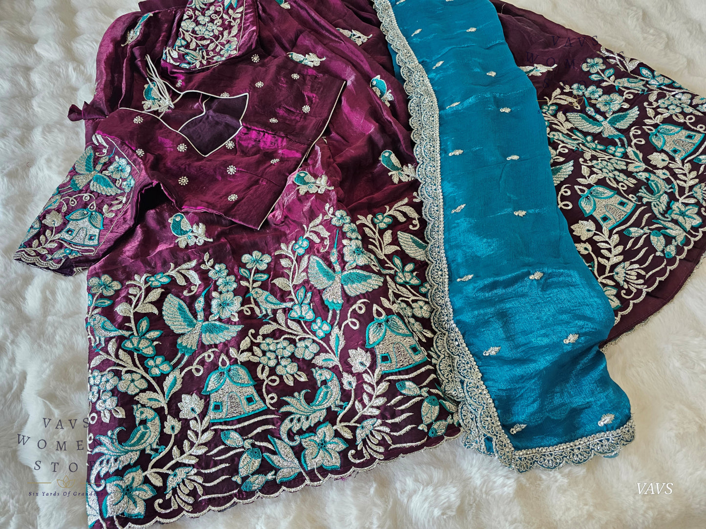 Designer Space Silk Lehenga Half Saree Set with Cute Birds Embroidery | Can-Can Lined