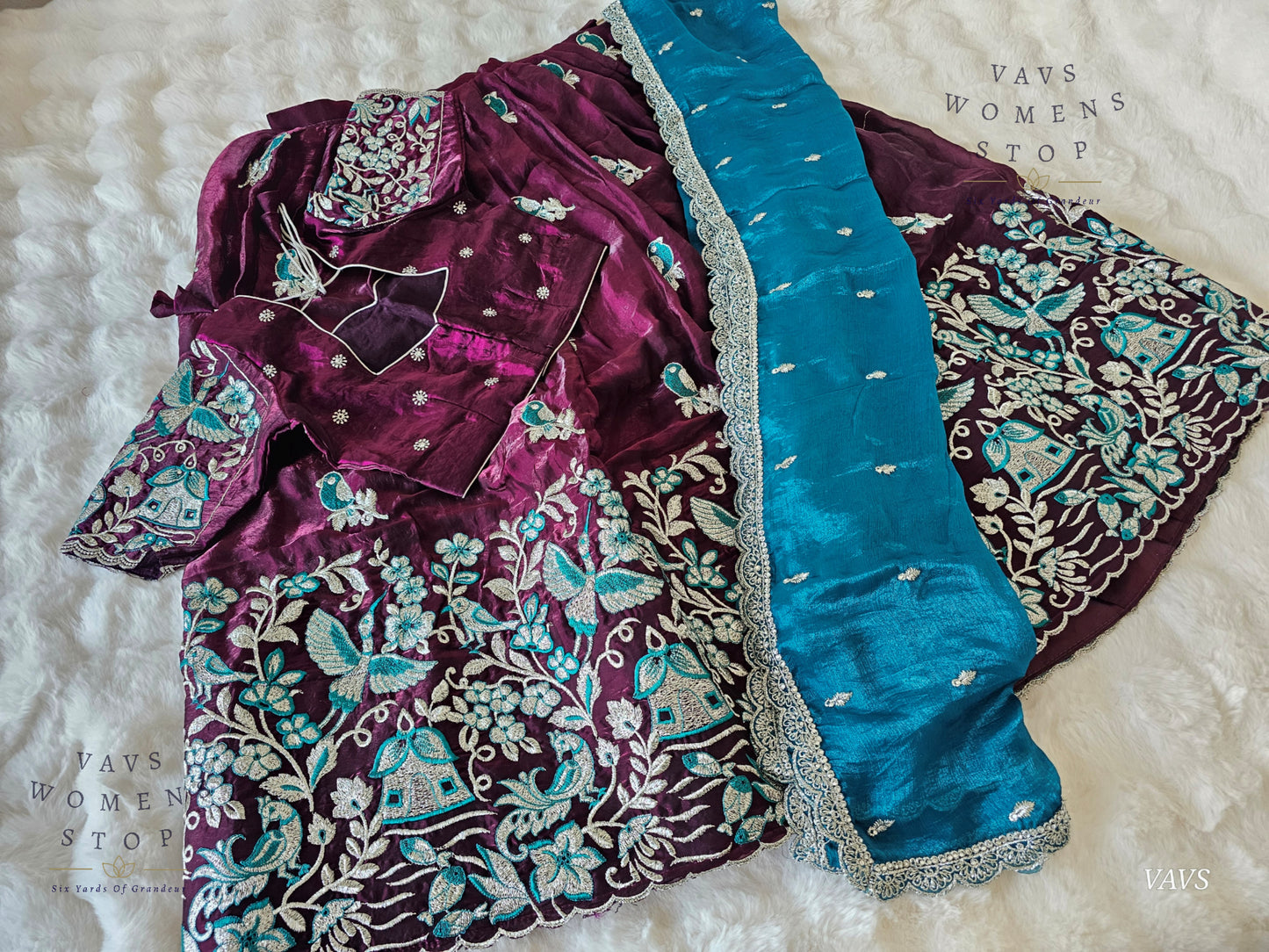 Designer Space Silk Lehenga Half Saree Set with Cute Birds Embroidery | Can-Can Lined