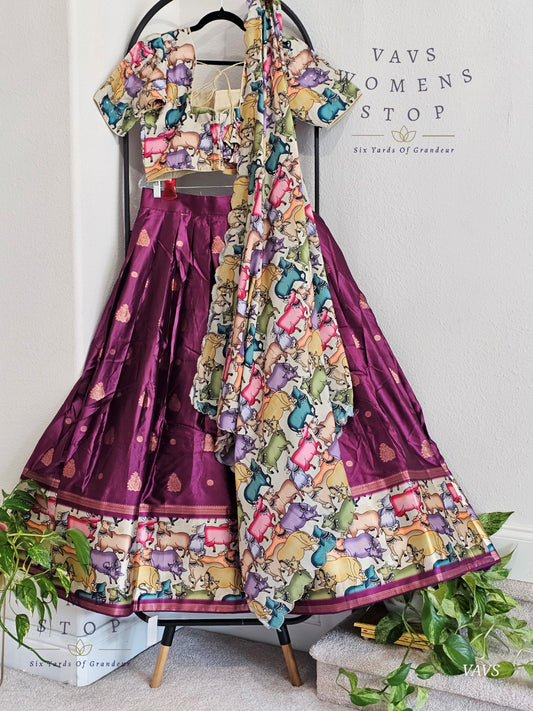 Benarasi-Pichwai Designer Half Saree Set | Pichwai Print Dupatta | Can-Can Lined | Size 40-46
