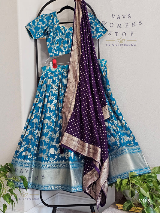 Munga Benarasi Designer Half Saree Set | Can-Can Lined | Suitable for Girls Ages 11+ Too