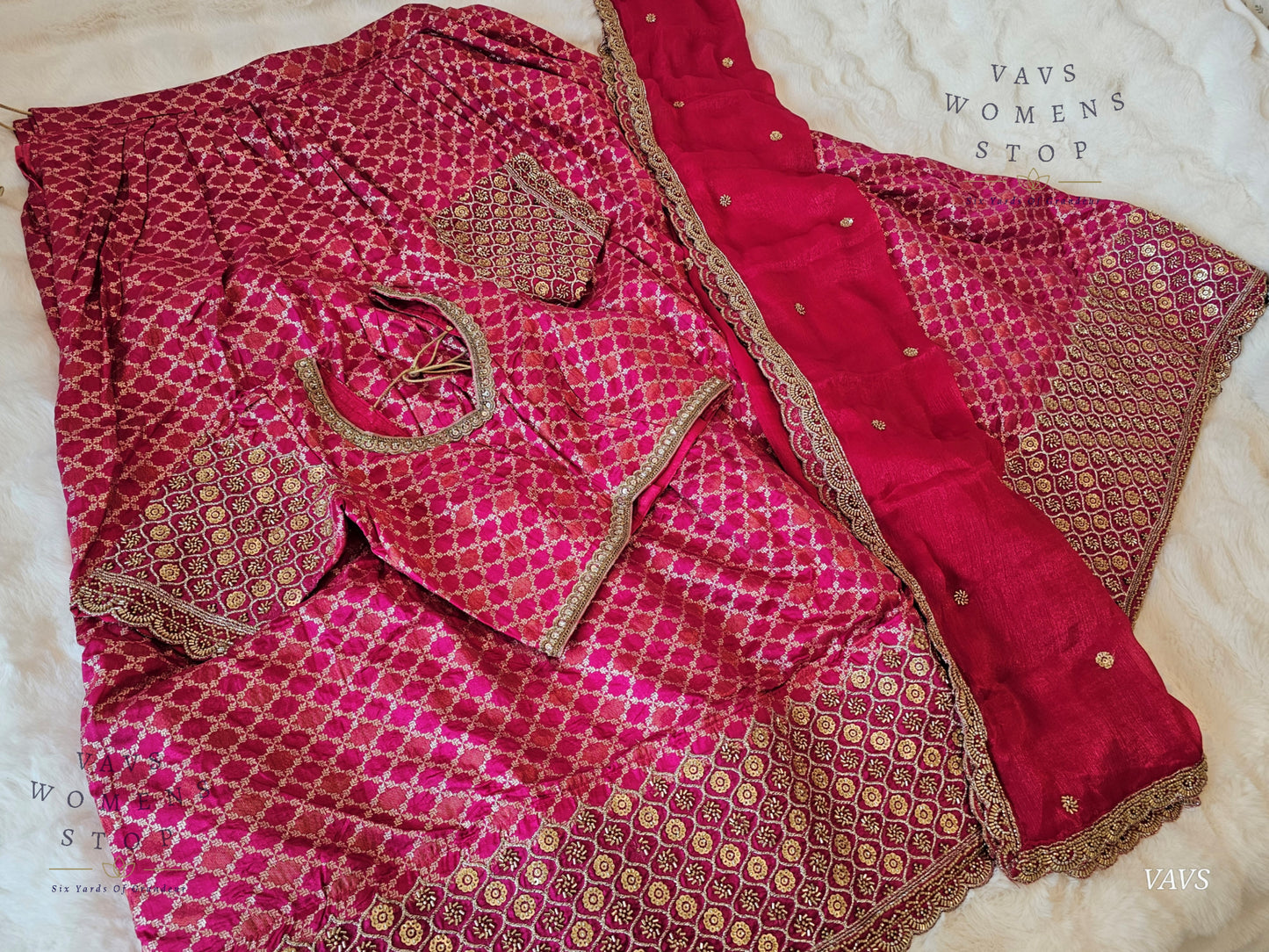 Exclusive Designer Wedding Party Wear Lehenga Set | Munga Benarasi with Heavy Bead Embroidery | Can-Can Lined
