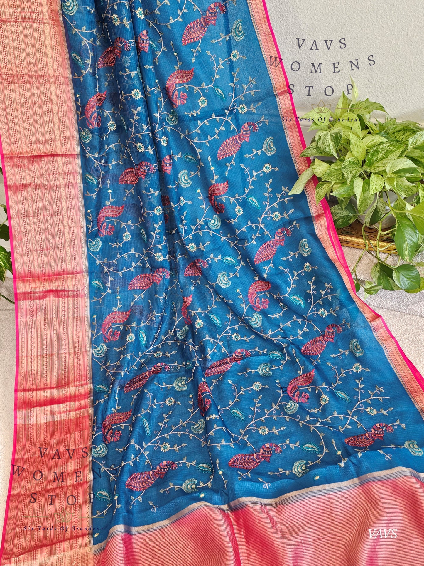 Premium Kota Silk Meenakari Designer Saree with All-Over Peacock Embroidery | Stitched Blouse Included