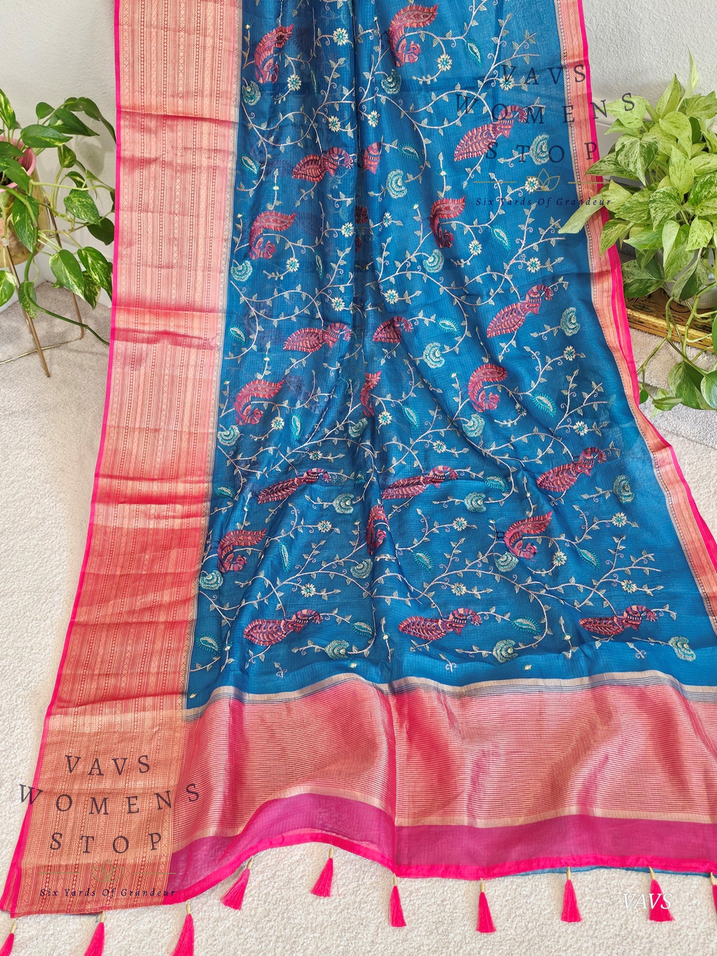 Premium Kota Silk Meenakari Designer Saree with All-Over Peacock Embroidery | Stitched Blouse Included