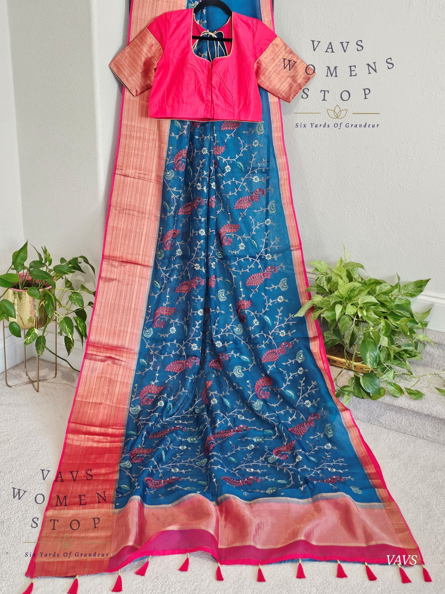 Premium Kota Silk Meenakari Designer Saree with All-Over Peacock Embroidery | Stitched Blouse Included
