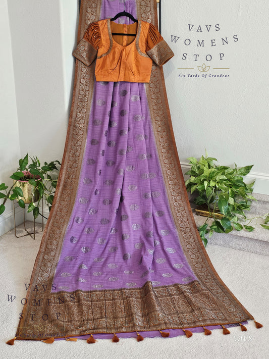 Lavender Semi Tussar Georgette Saree with Rust Shade Border | Stitched Blouse Size 34–40