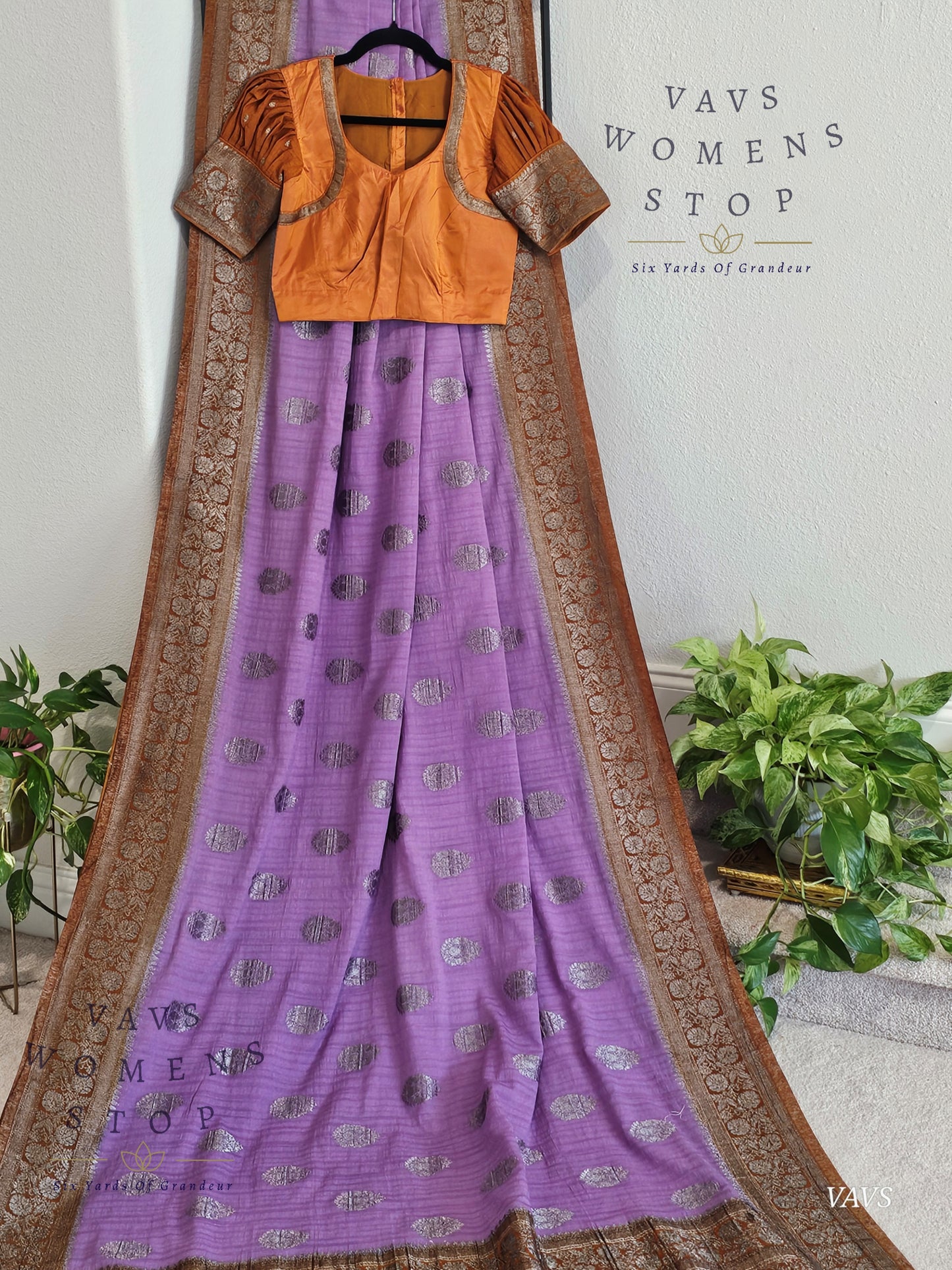 Lavender Semi Tussar Georgette Saree with Rust Shade Border | Stitched Blouse Size 34–40